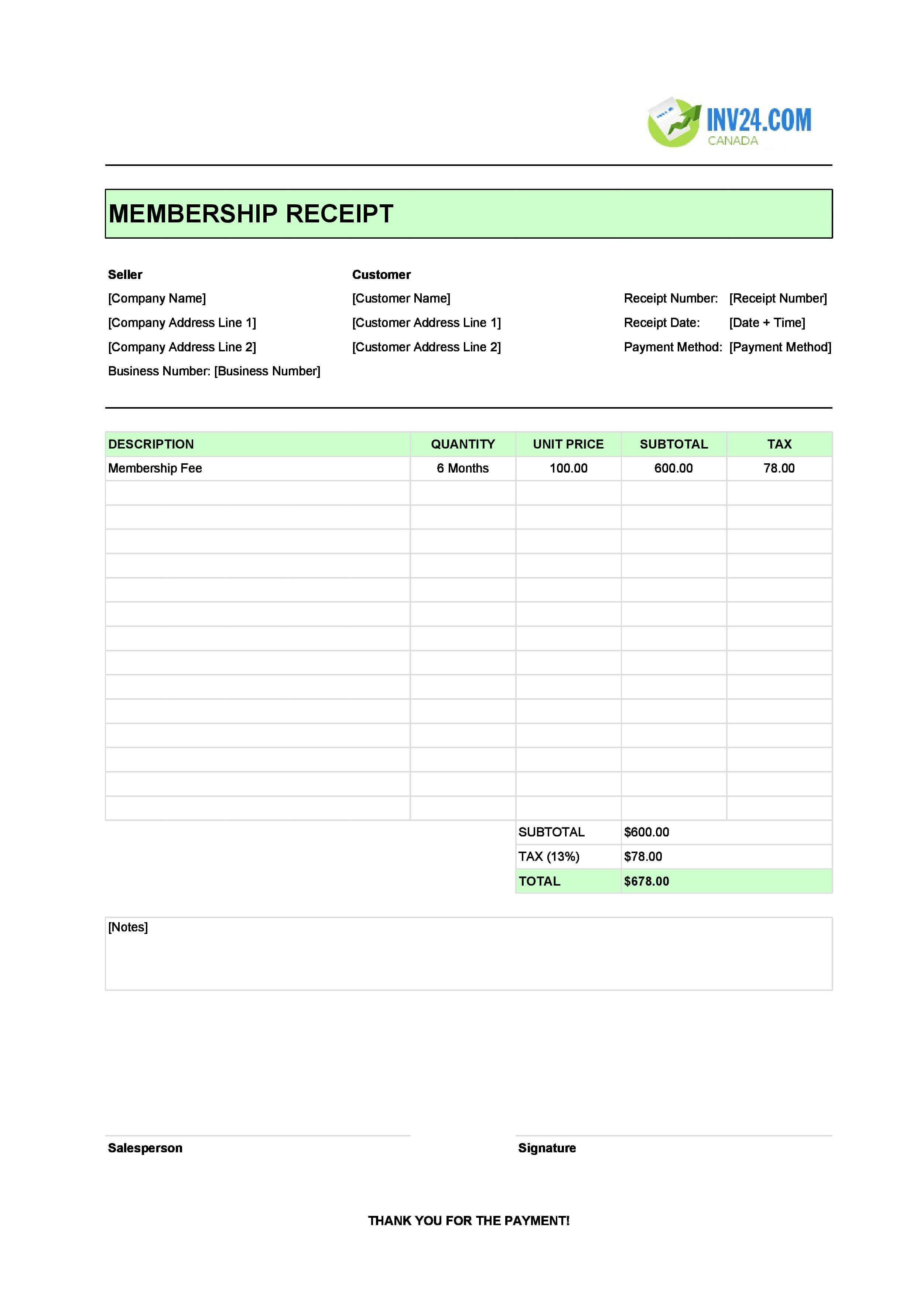 Membership Receipt Template for Canada (Excel / Google Sheets)