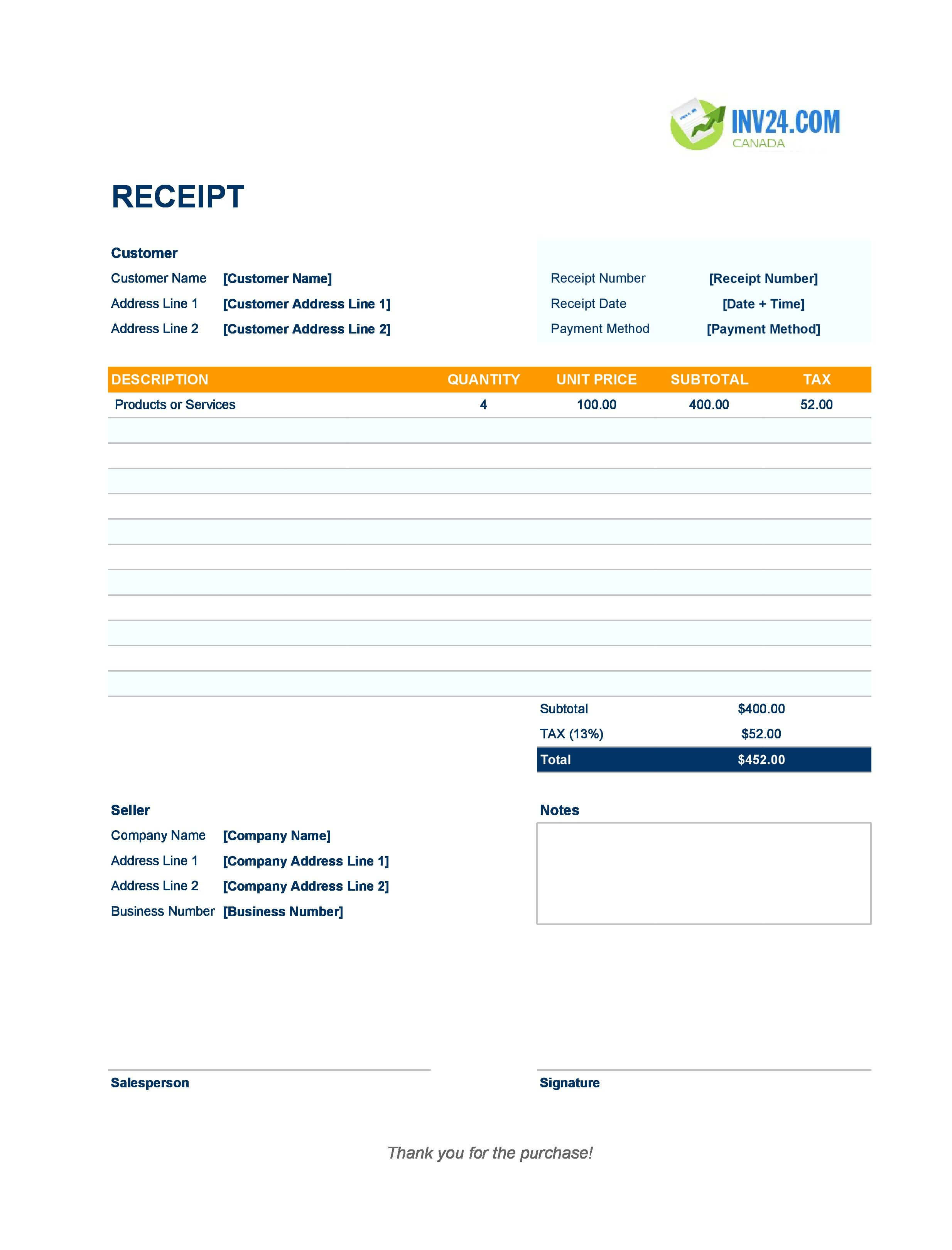 Modern Receipt Template for Canada (Excel / Google Sheets)