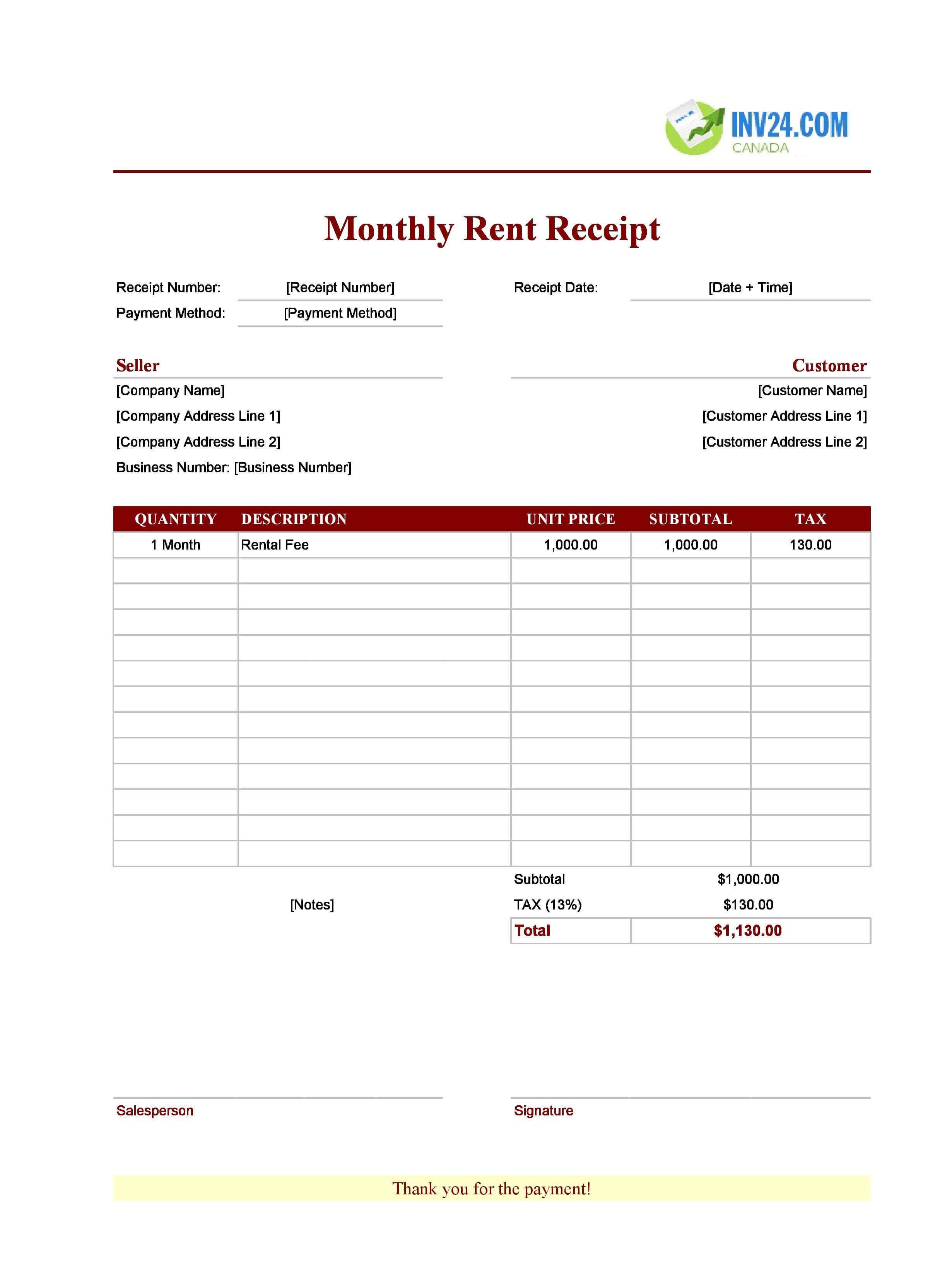 Monthly Rent Receipt Template for Canada (Excel / Google Sheets)