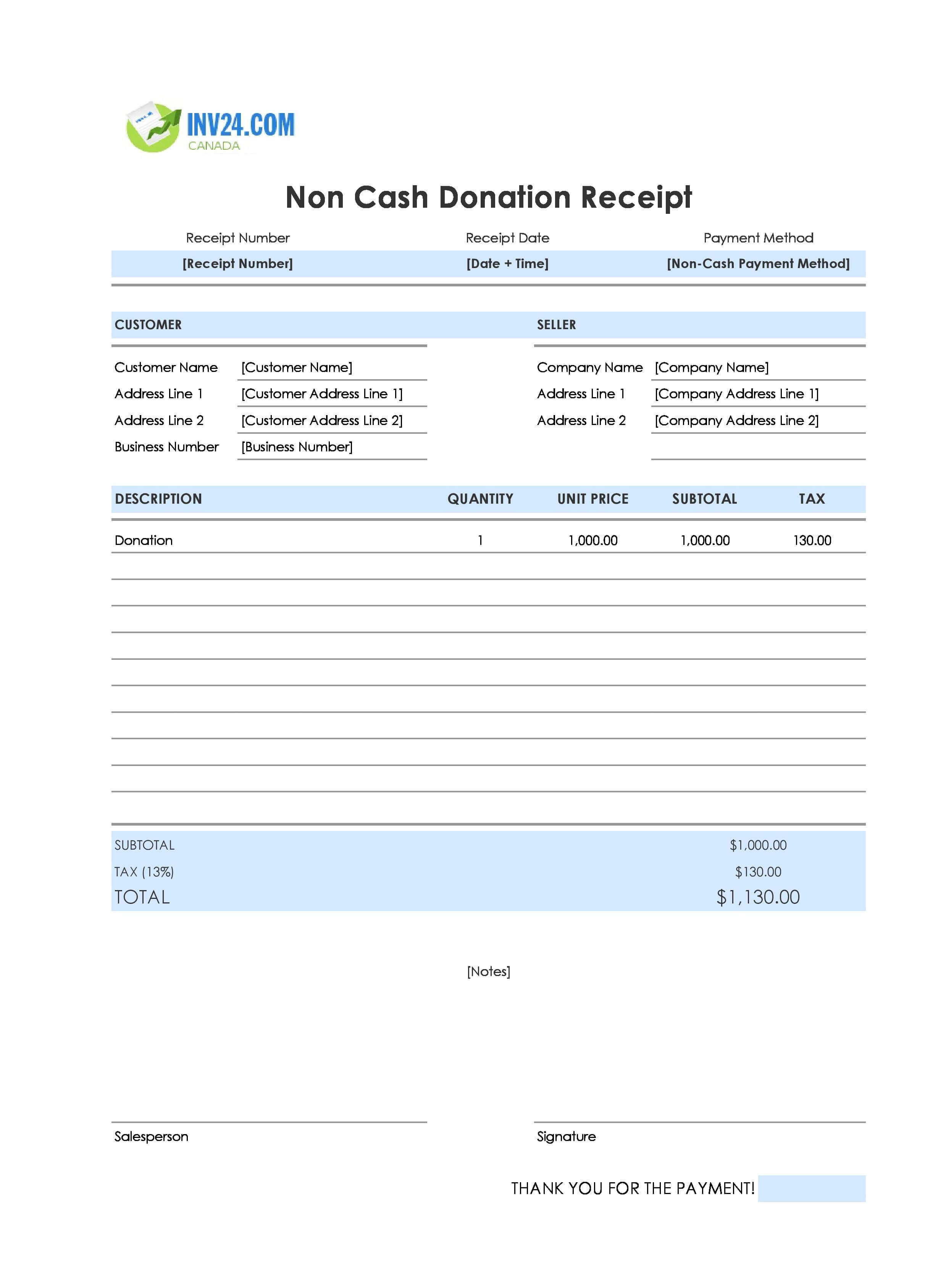 Non-Cash Donation Receipt Template for Canada (Excel / Google Sheets)