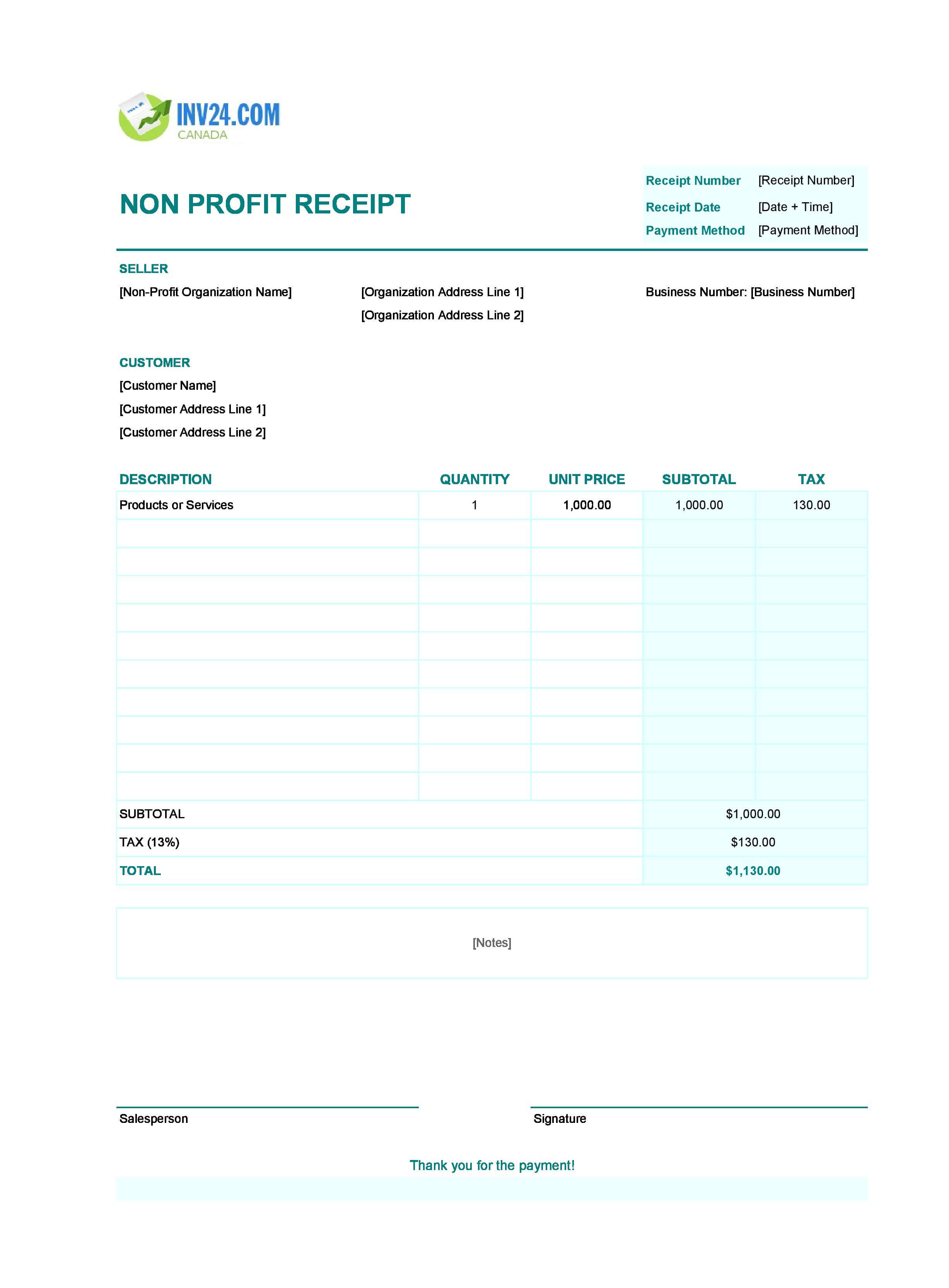 Non-Profit Receipt Template for Canada (Excel / Google Sheets)