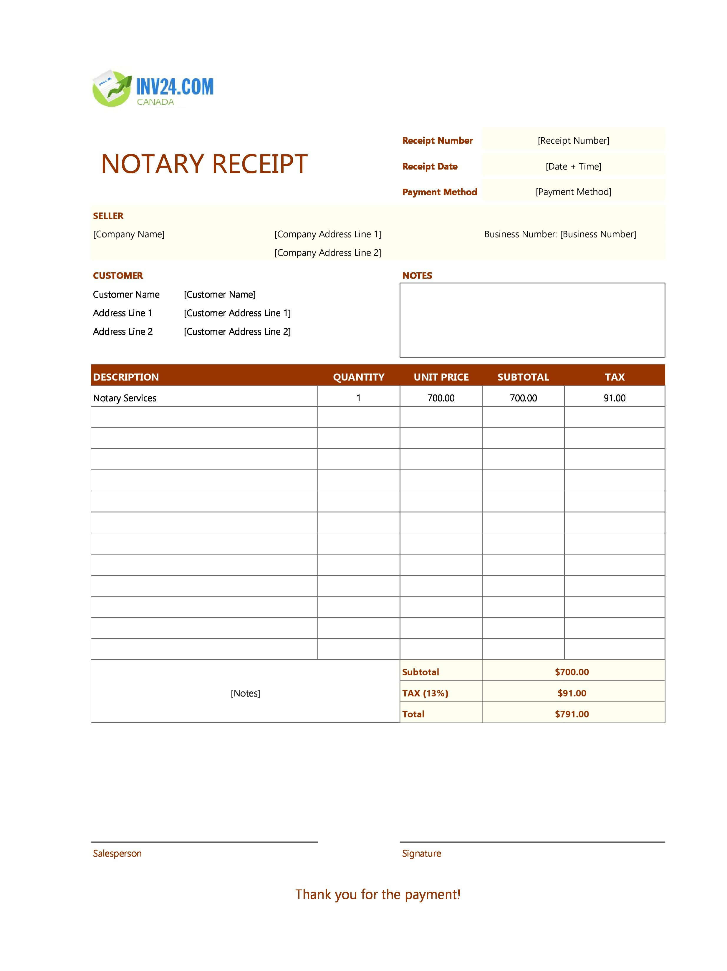Notary Receipt Template for Canada (Excel / Google Sheets)