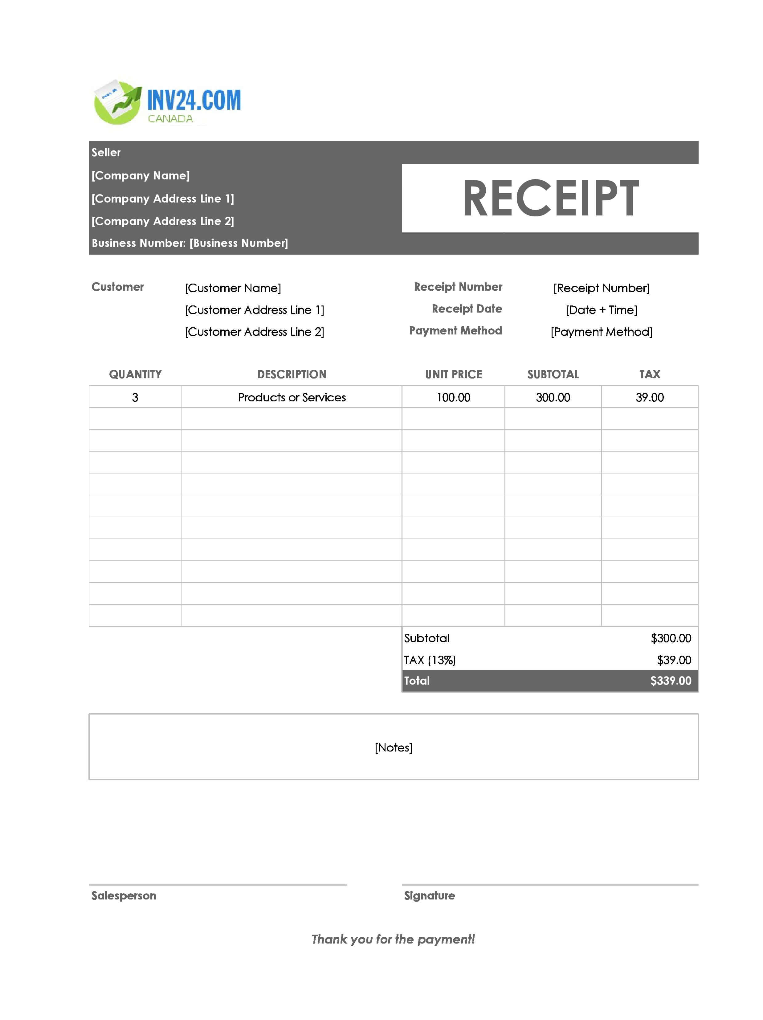 Official Receipt Template for Canada (Excel / Google Sheets)