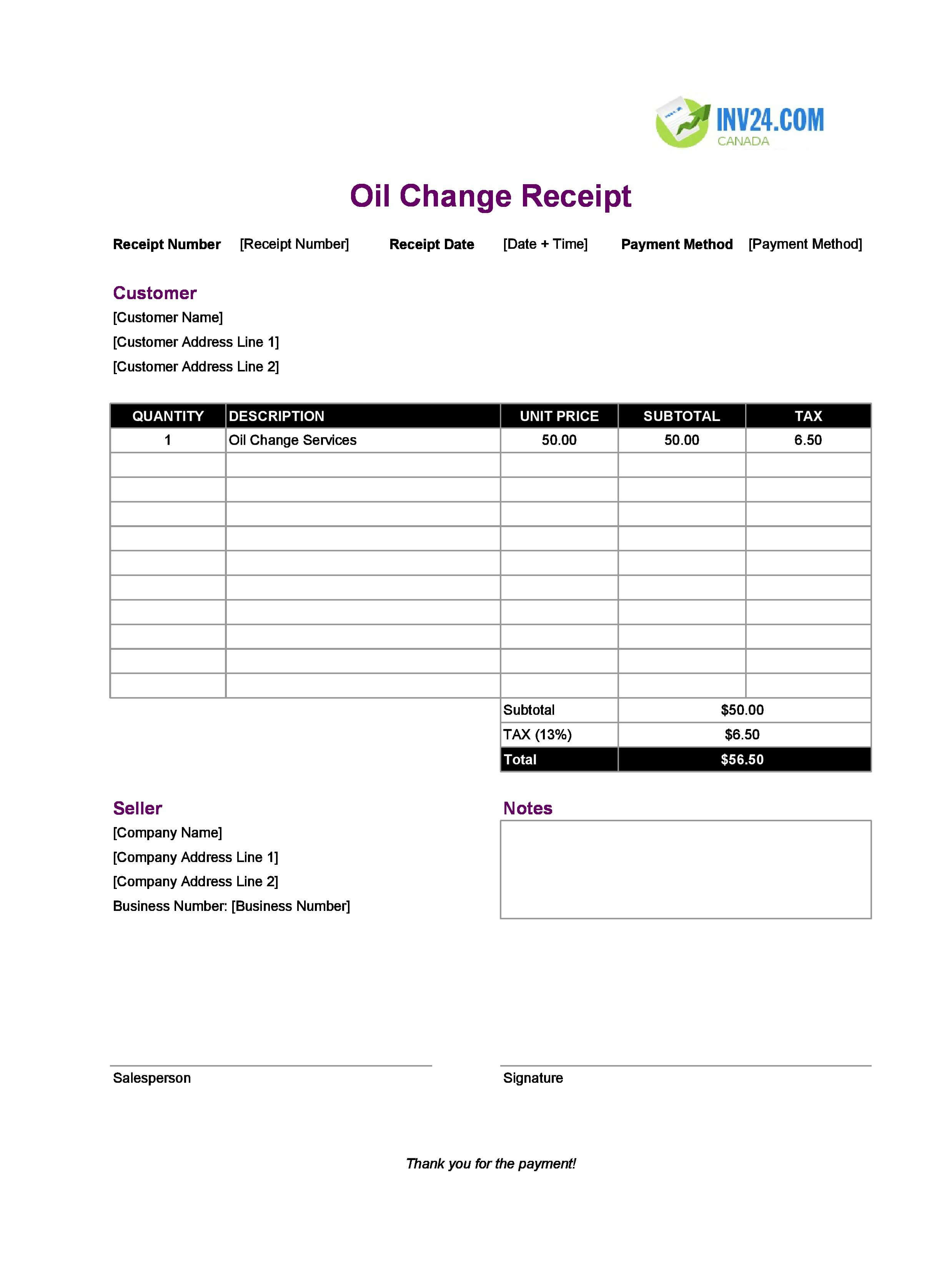 Oil Change Receipt Template for Canada (Excel / Google Sheets)