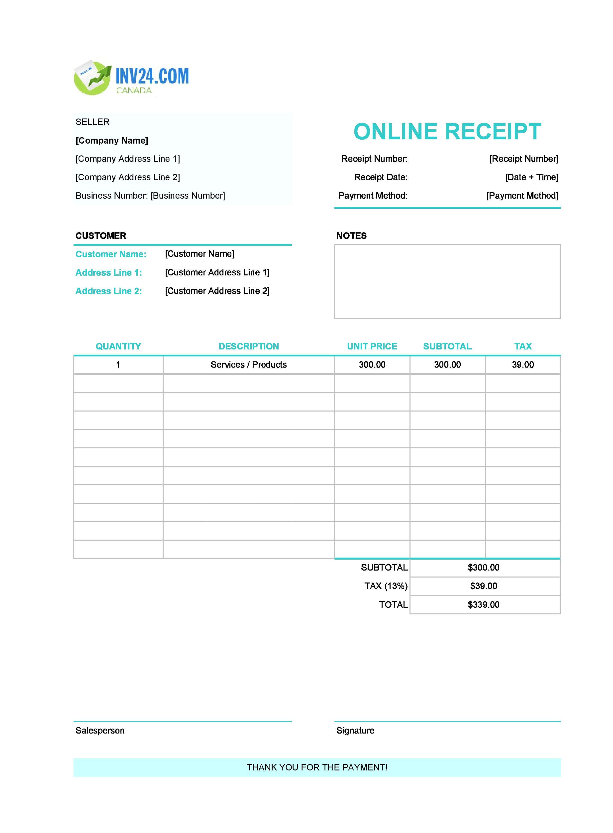 Online Receipt Template for Canada (Excel / Google Sheets)