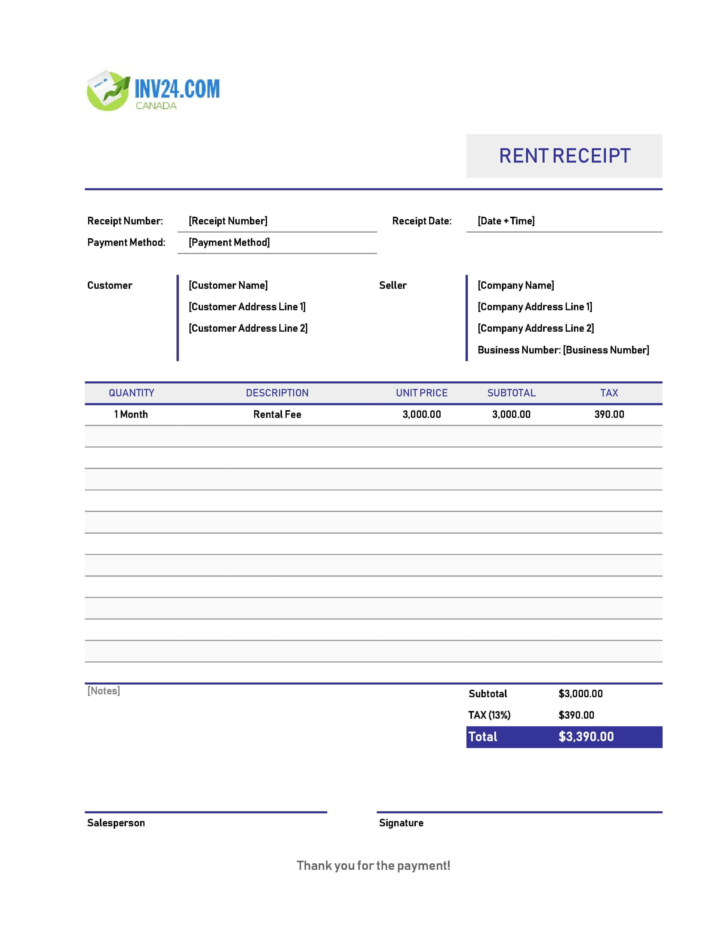 Online Rent Receipt Template for Canada (Excel / Google Sheets)