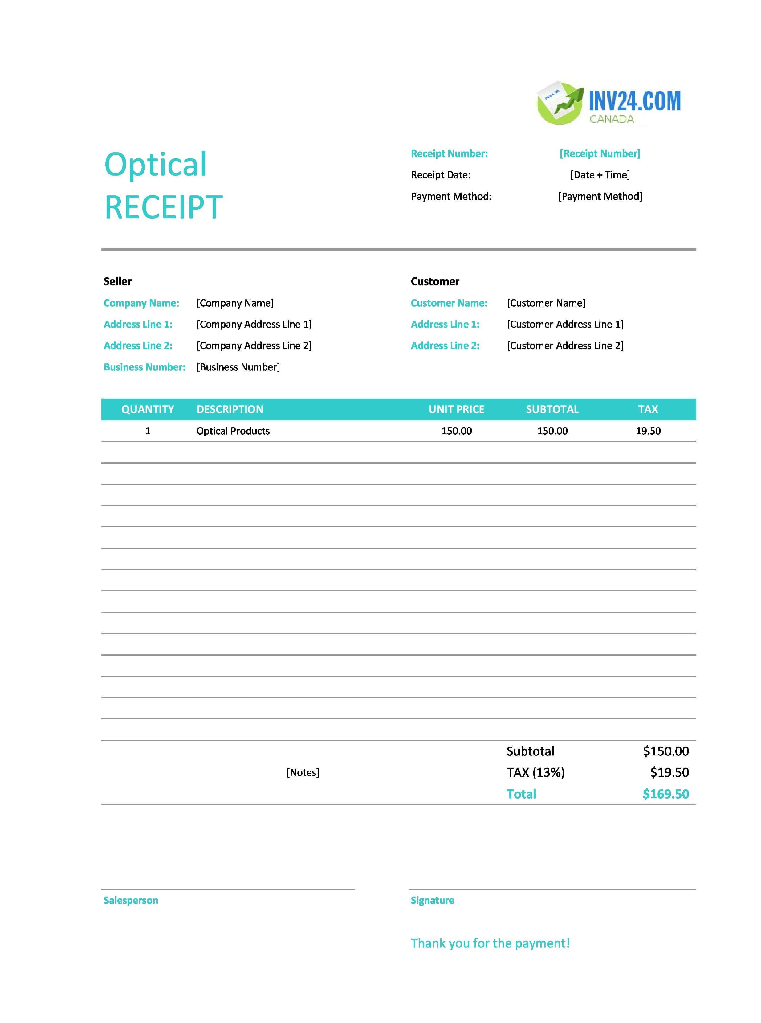Optical Receipt Template for Canada (Excel / Google Sheets)