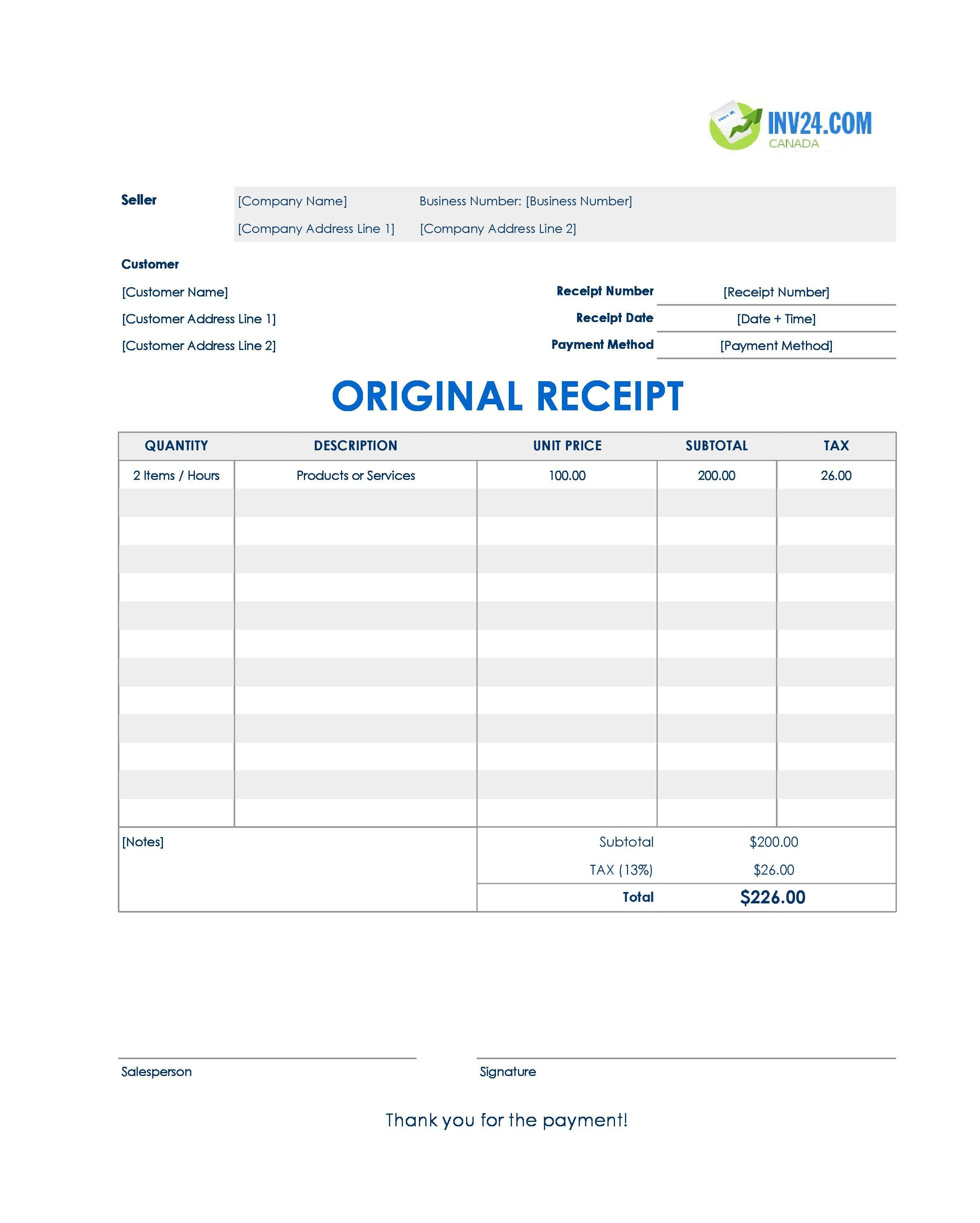 Original Receipt Template for Canada (Excel / Google Sheets)
