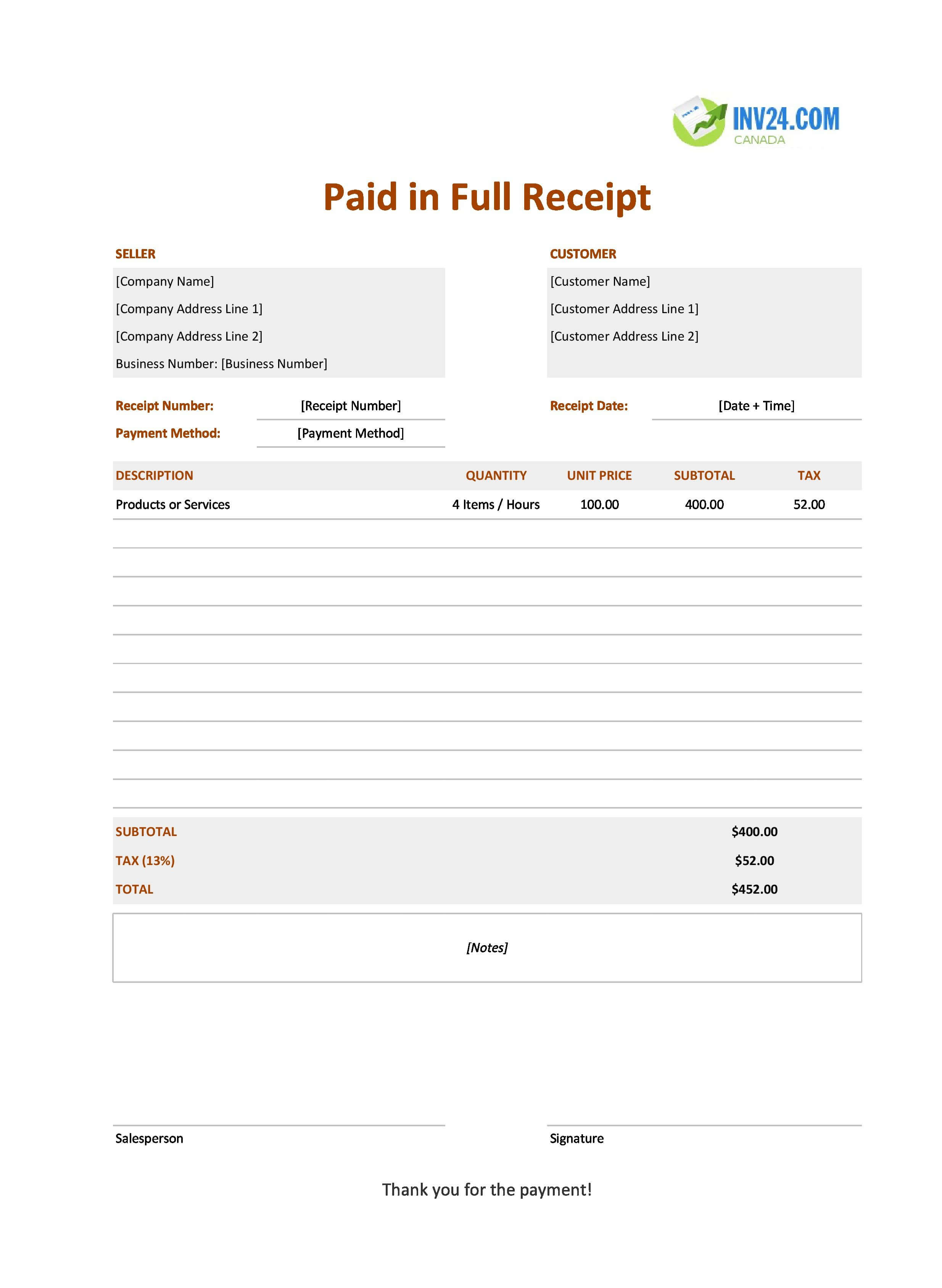 Paid in Full Receipt Template for Canada (Excel / Google Sheets)