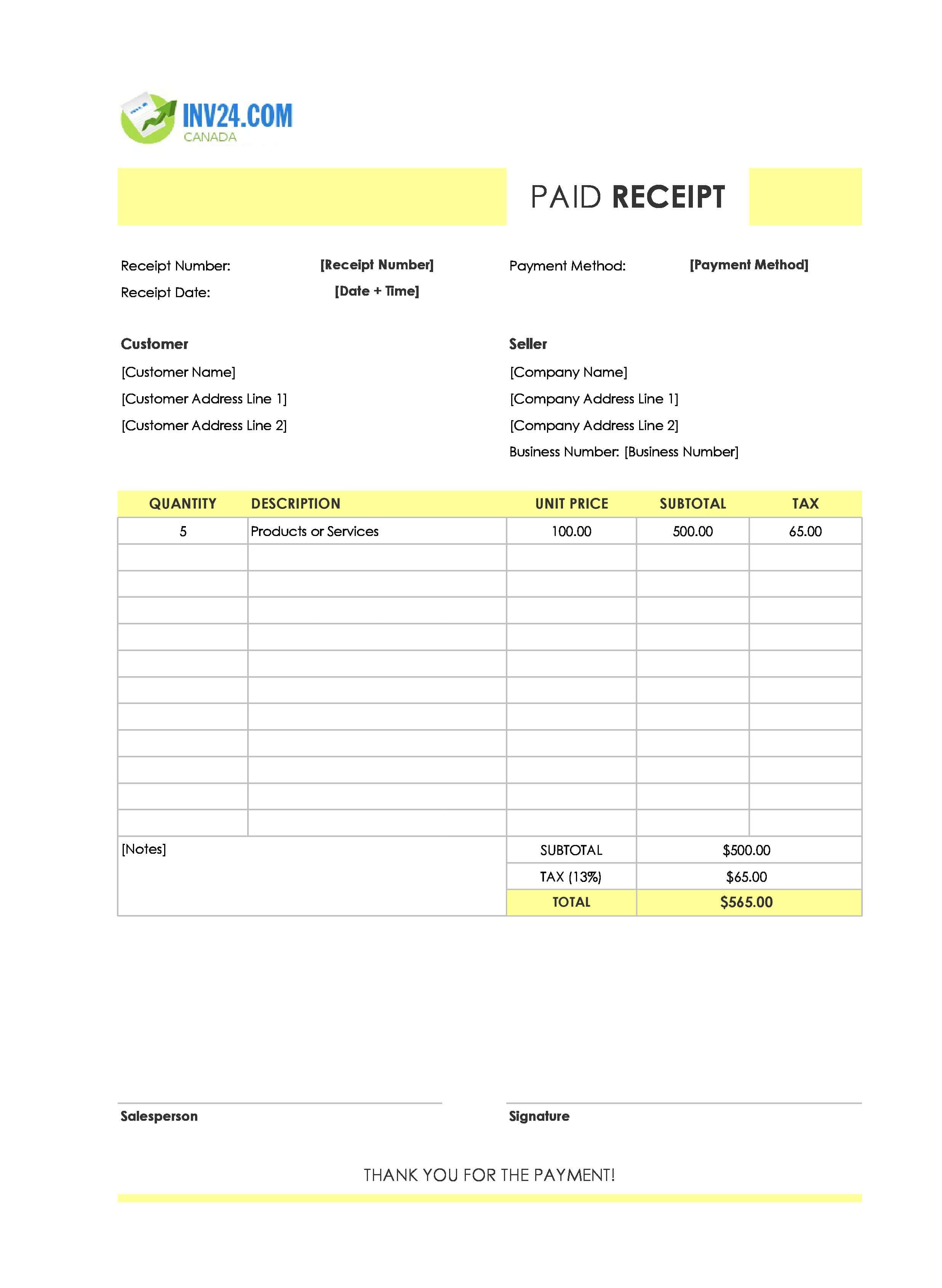 Paid Receipt Template for Canada (Excel / Google Sheets)
