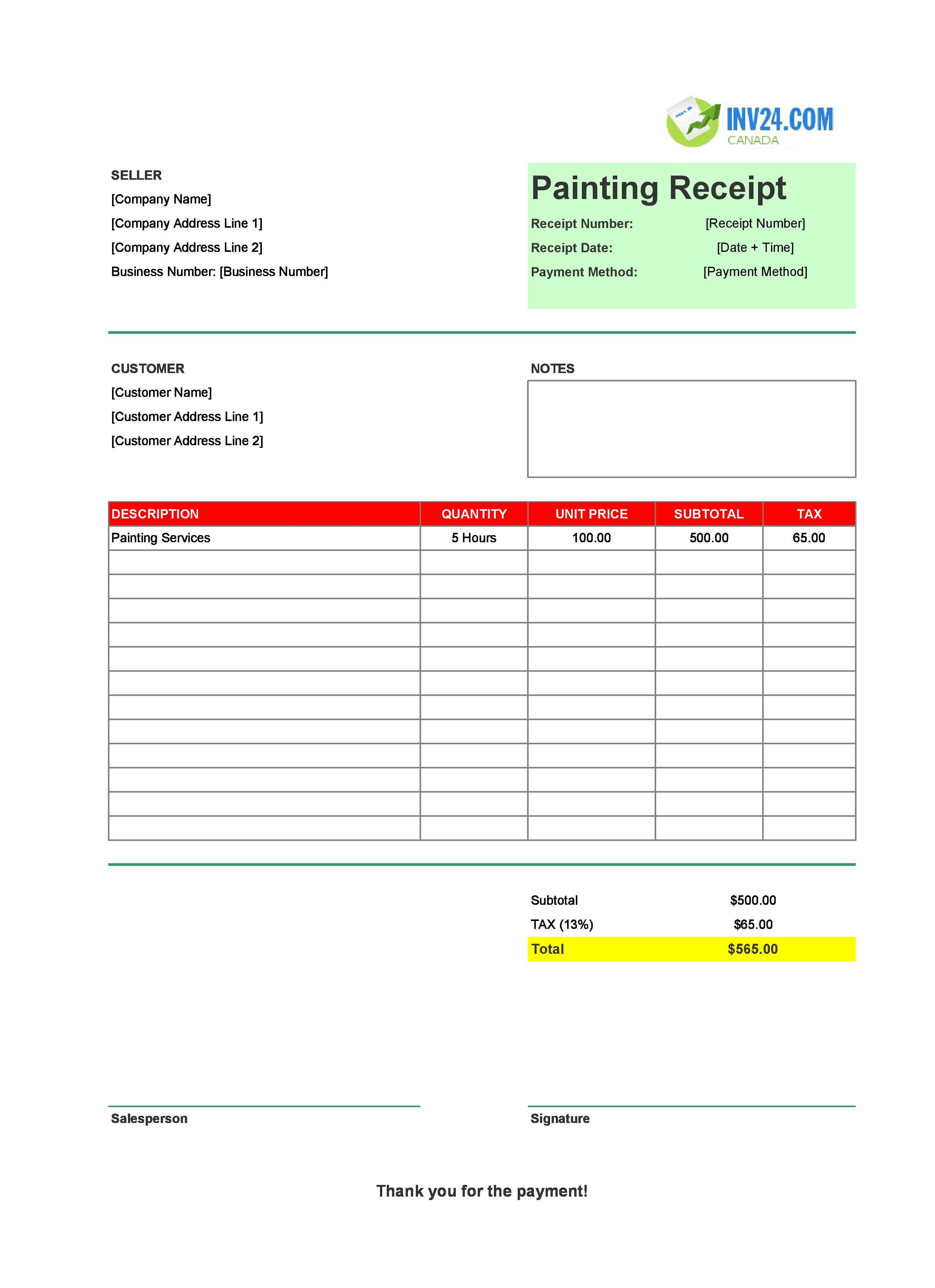 Painting Receipt Template for Canada (Excel / Google Sheets)