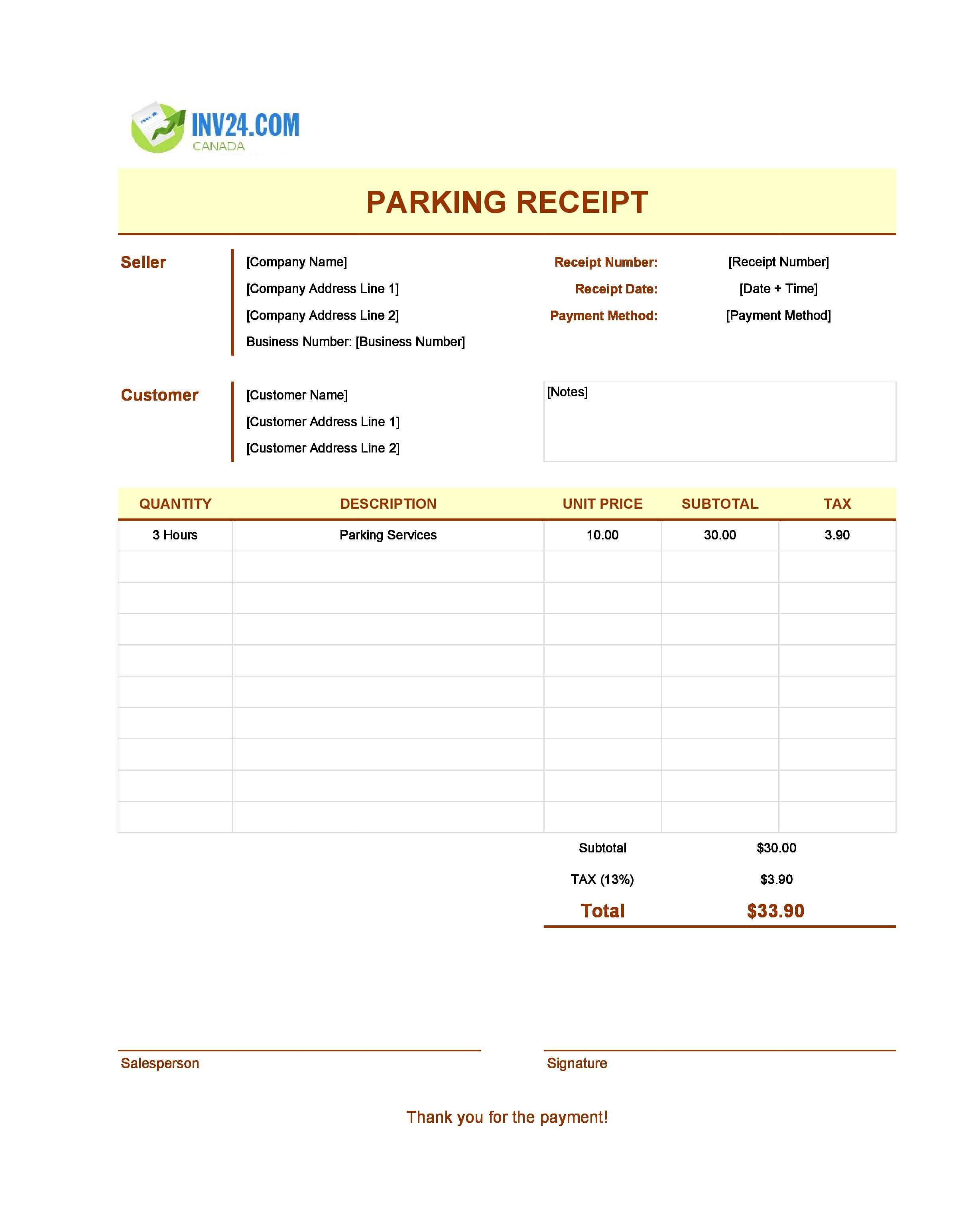 Parking Receipt Template for Canada (Excel / Google Sheets)