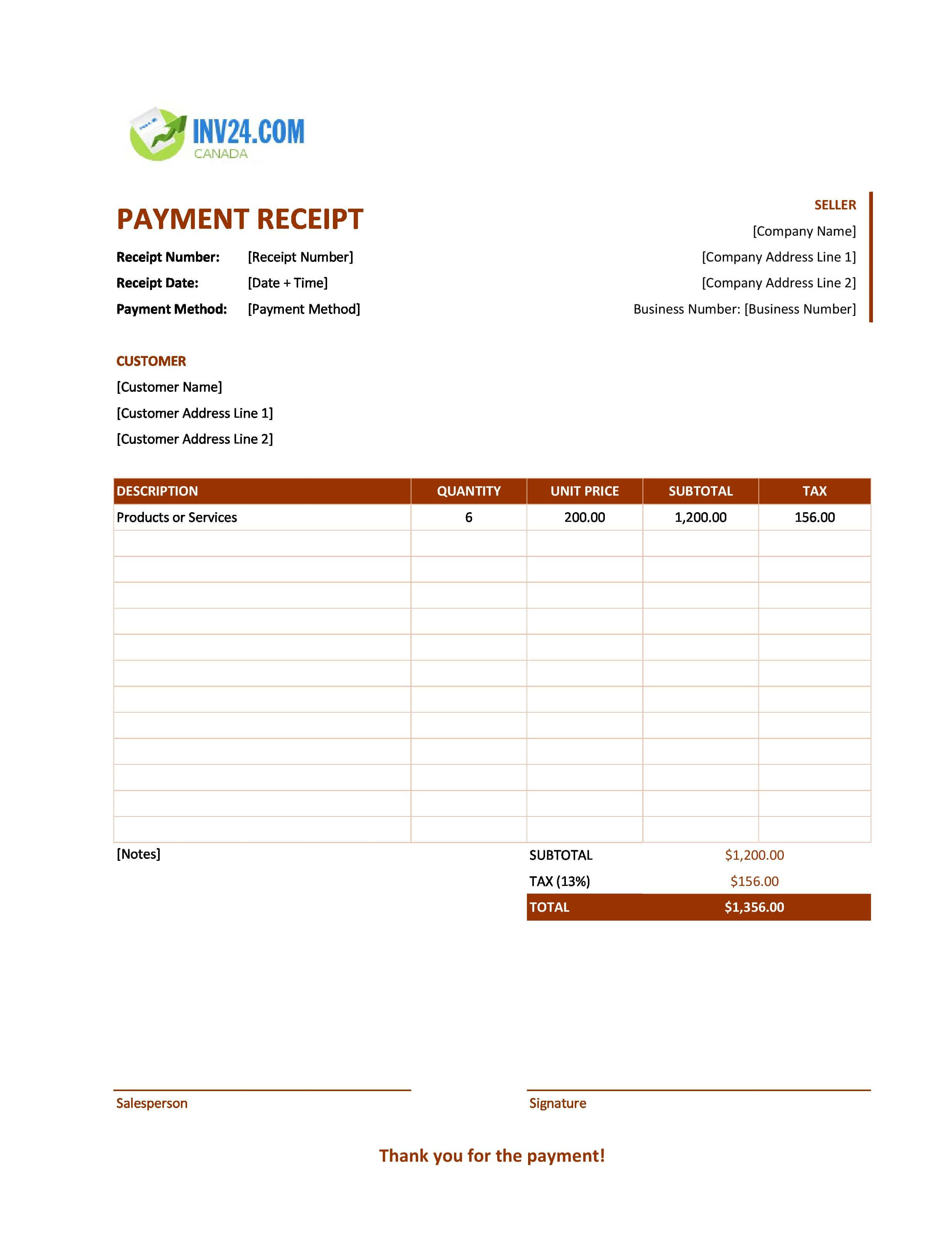Payment Receipt Template for Canada (Excel / Google Sheets)
