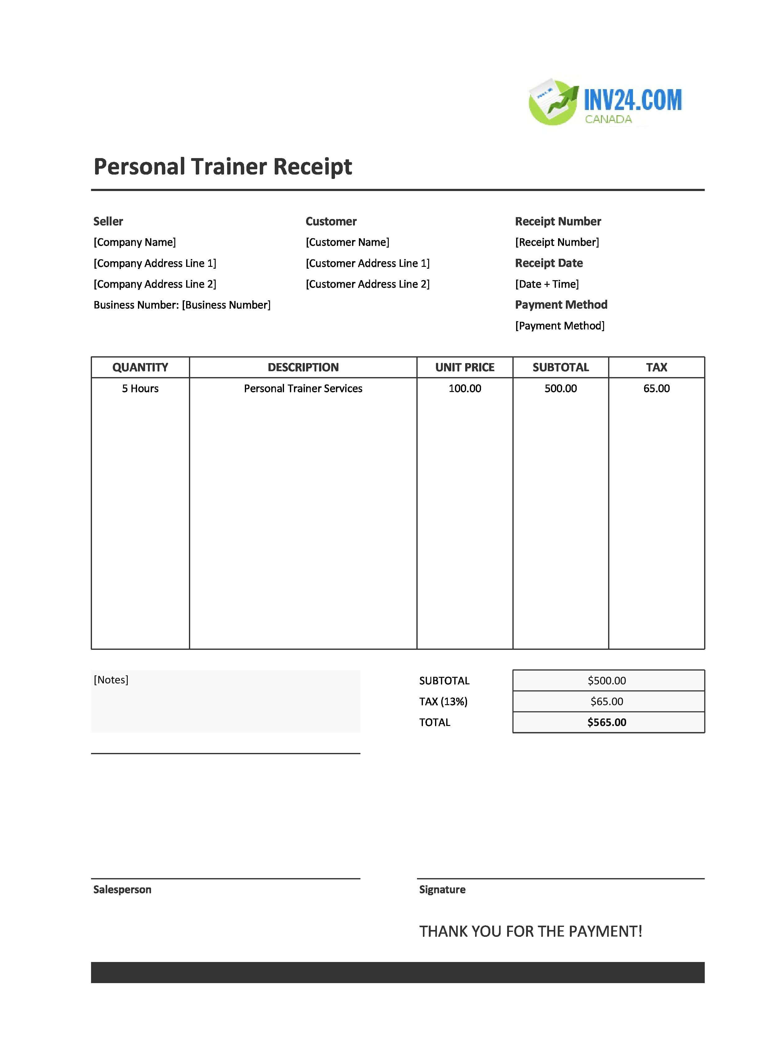 Personal Trainer Receipt Template for Canada (Excel / Google Sheets)