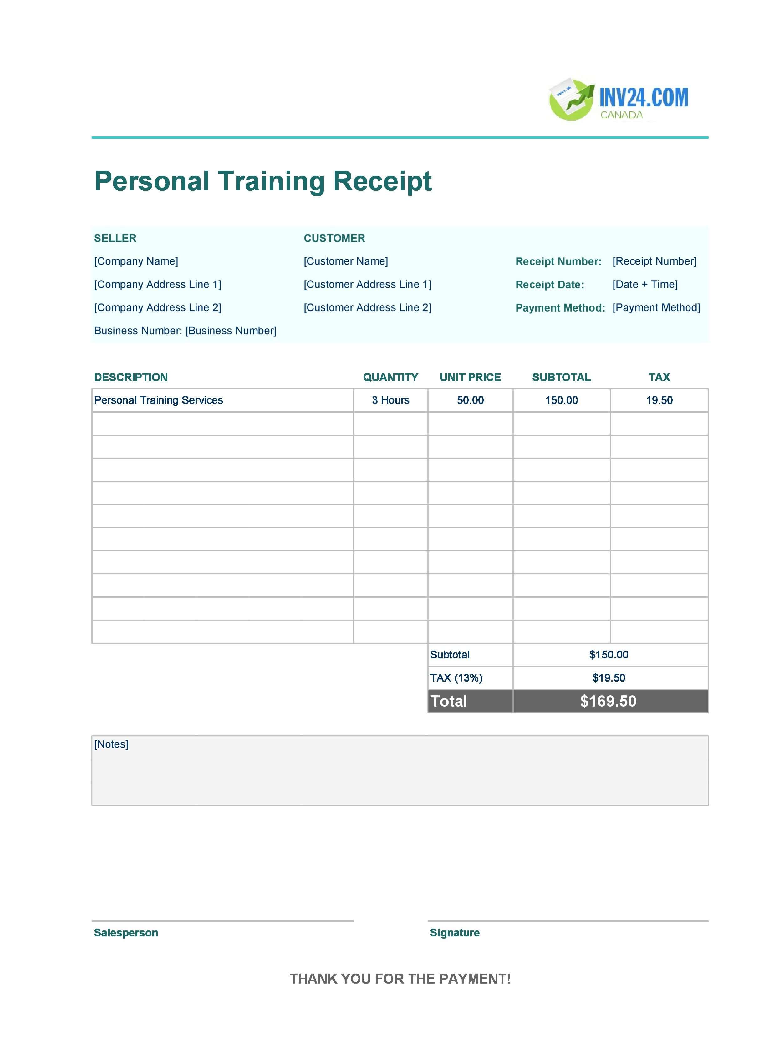 Personal Training Receipt Template for Canada (Excel / Google Sheets)