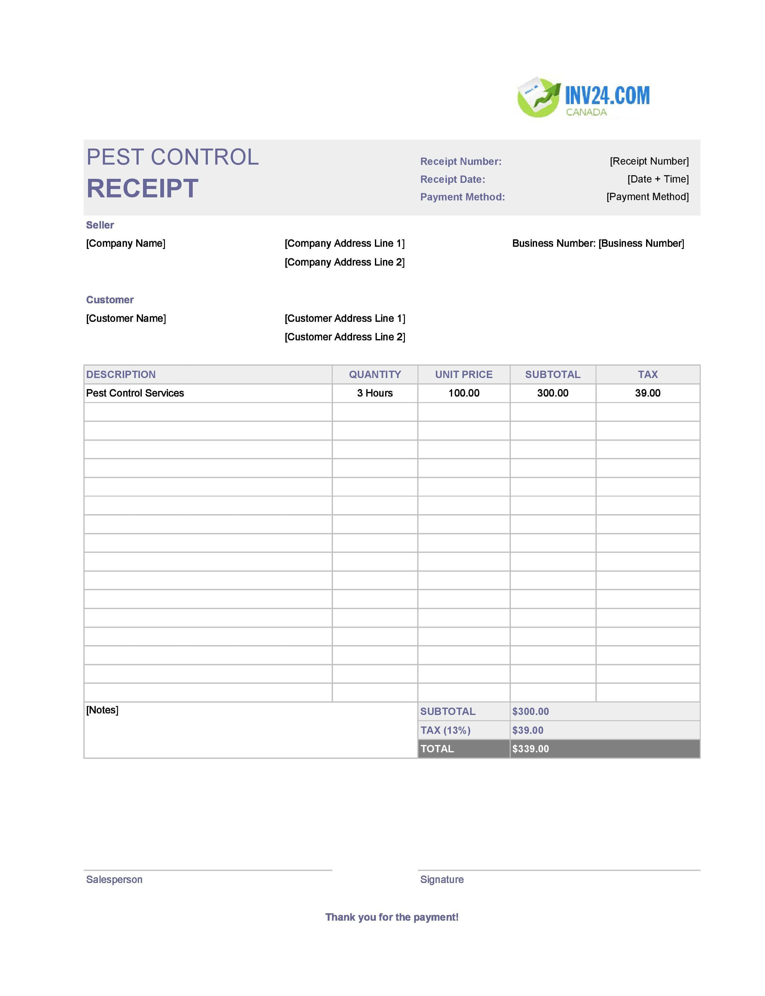 Pest Control Receipt Template for Canada (Excel / Google Sheets)