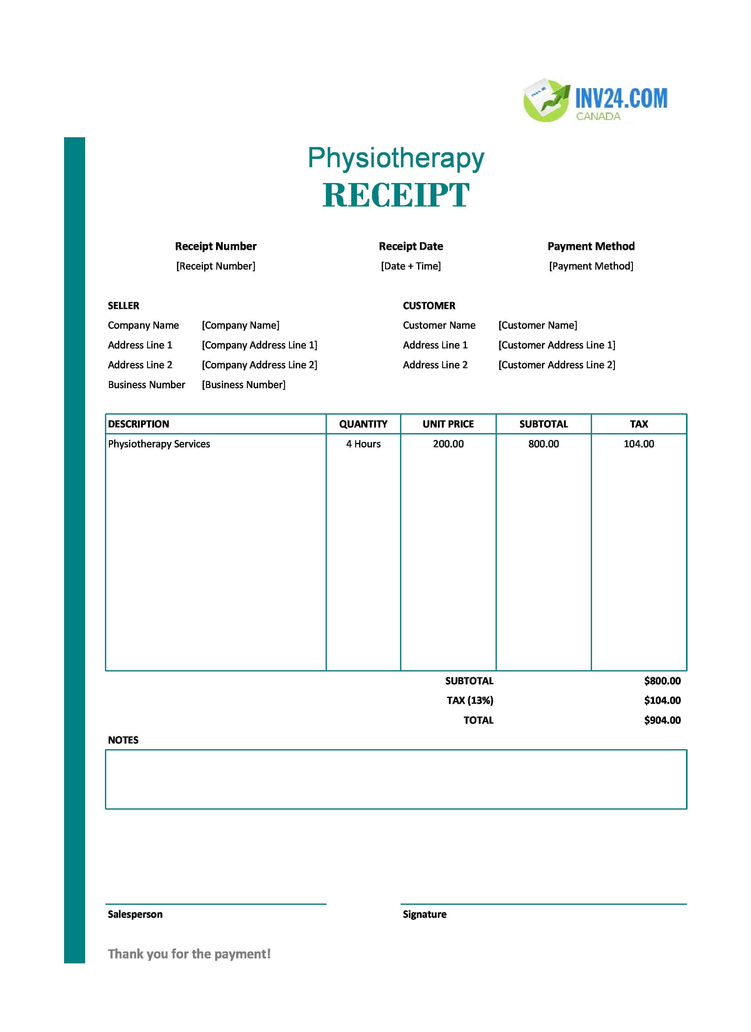 Physiotherapy Receipt Template for Canada (Excel / Google Sheets)