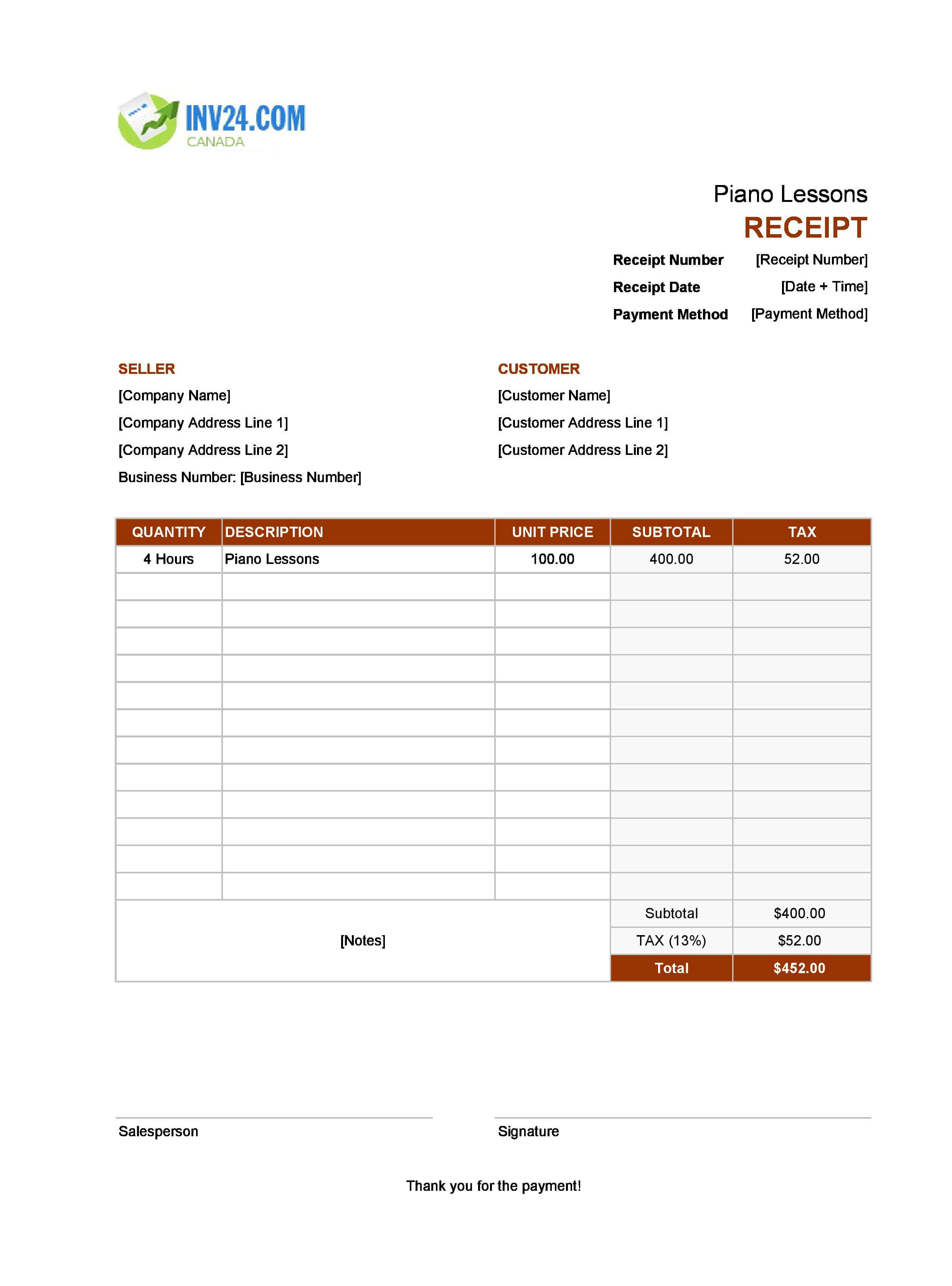 Piano Lessons Receipt Template for Canada (Excel / Google Sheets)