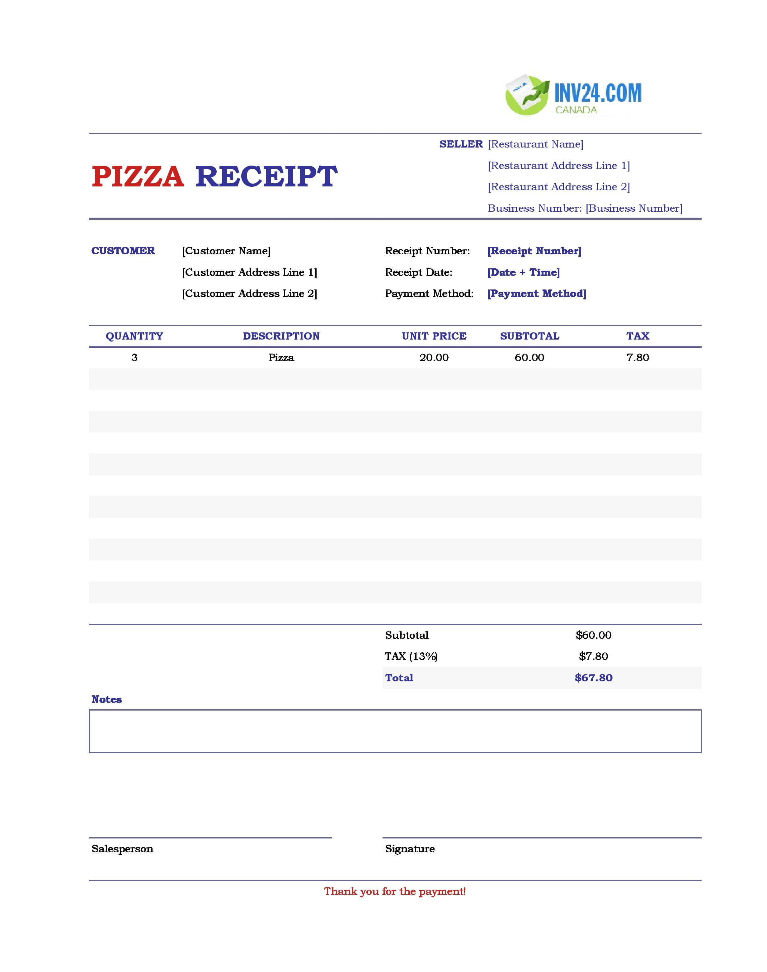 Pizza Receipt Template for Canada (Excel / Google Sheets)