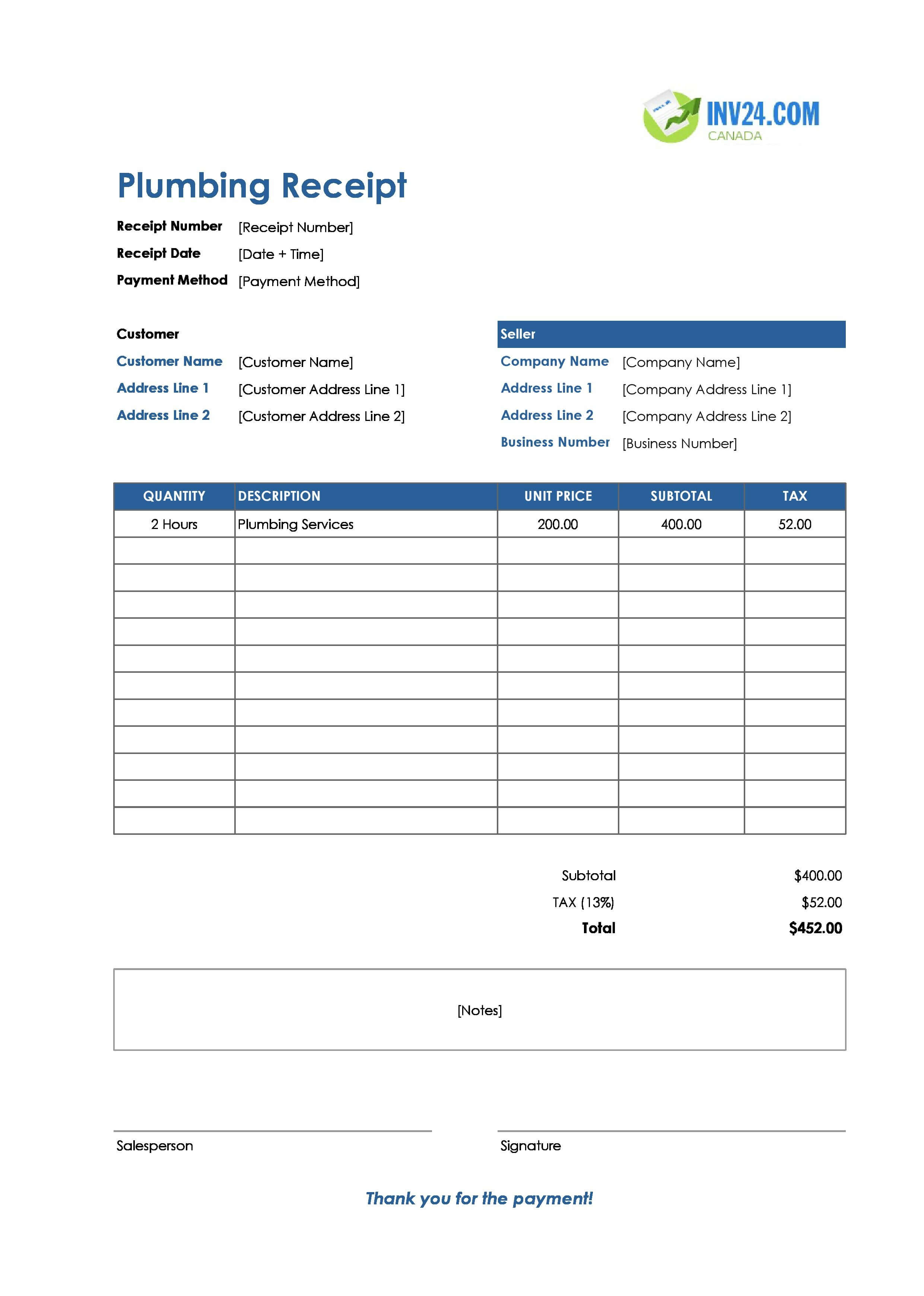 Plumbing Receipt Template for Canada (Excel / Google Sheets)