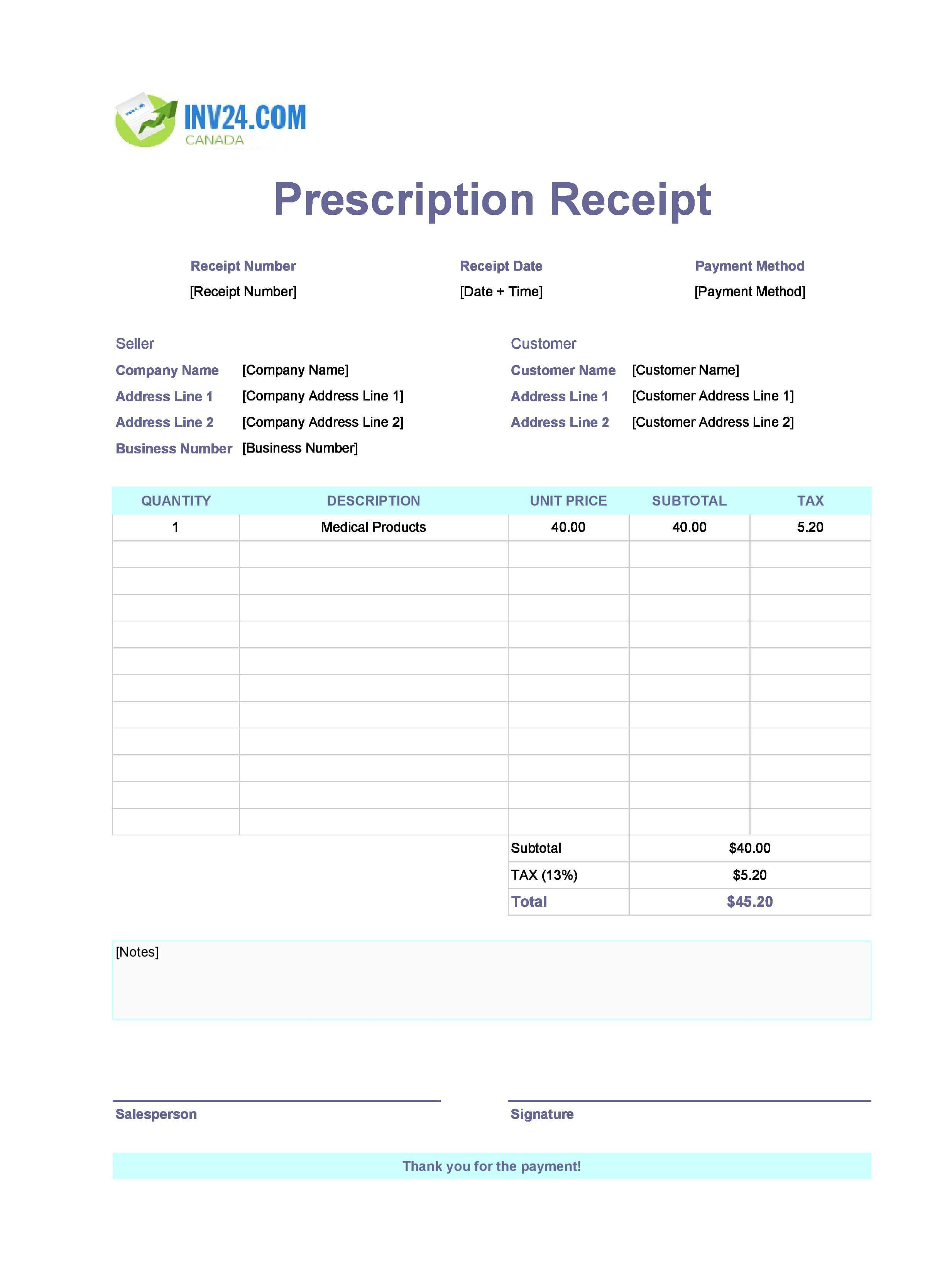 Prescription Receipt Template for Canada (Excel / Google Sheets)