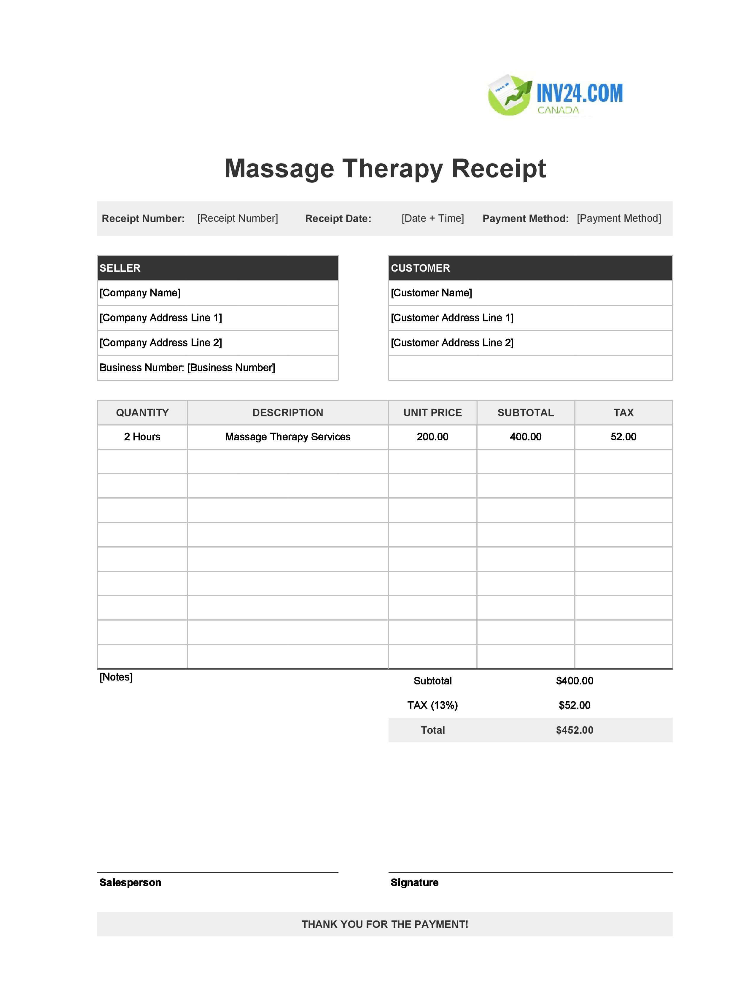 Printable Massage Therapy Receipt Template for Canada (Excel / Google Sheets)