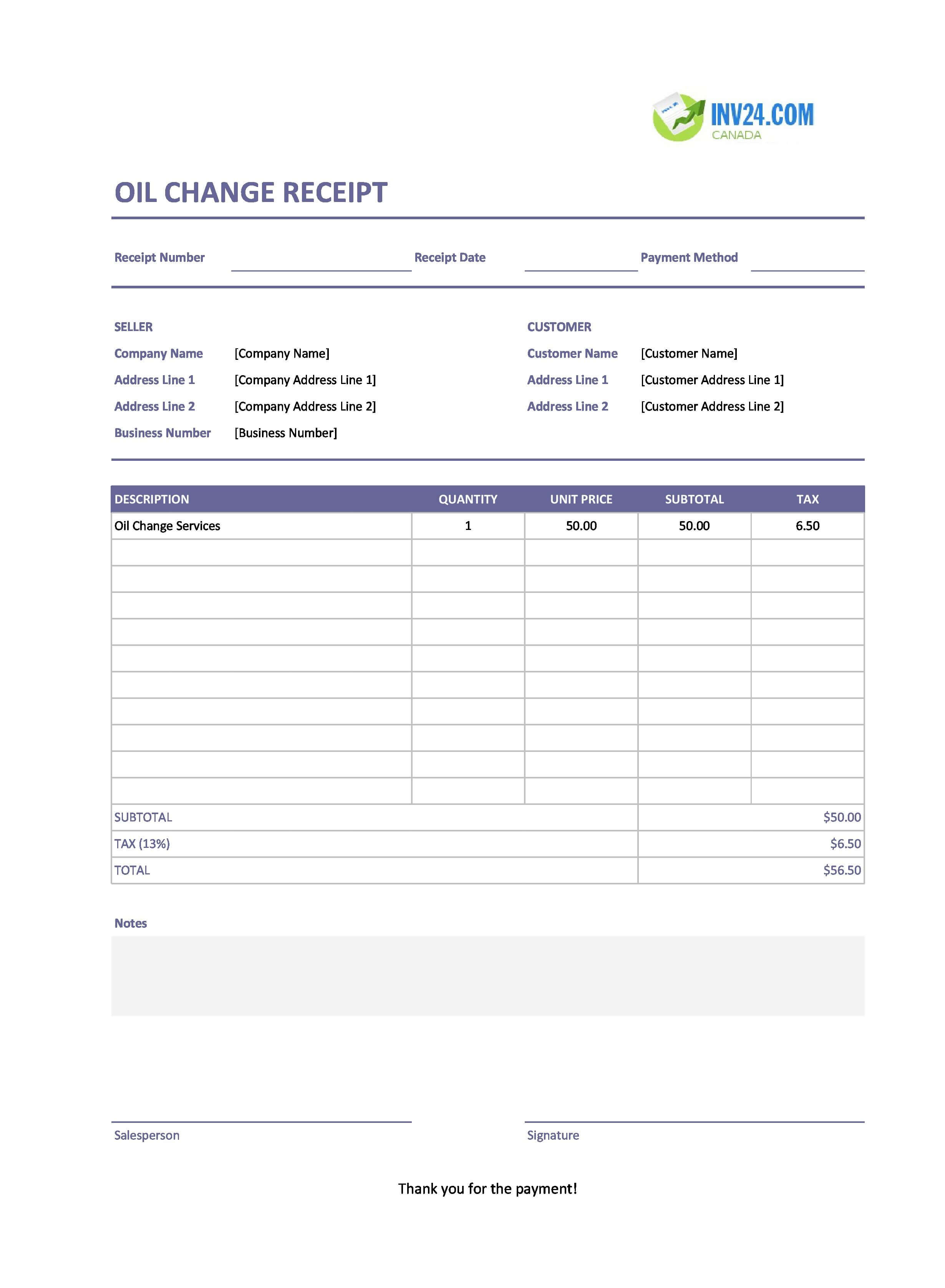 Printable Oil Change Receipt Template for Canada (Excel / Google Sheets)