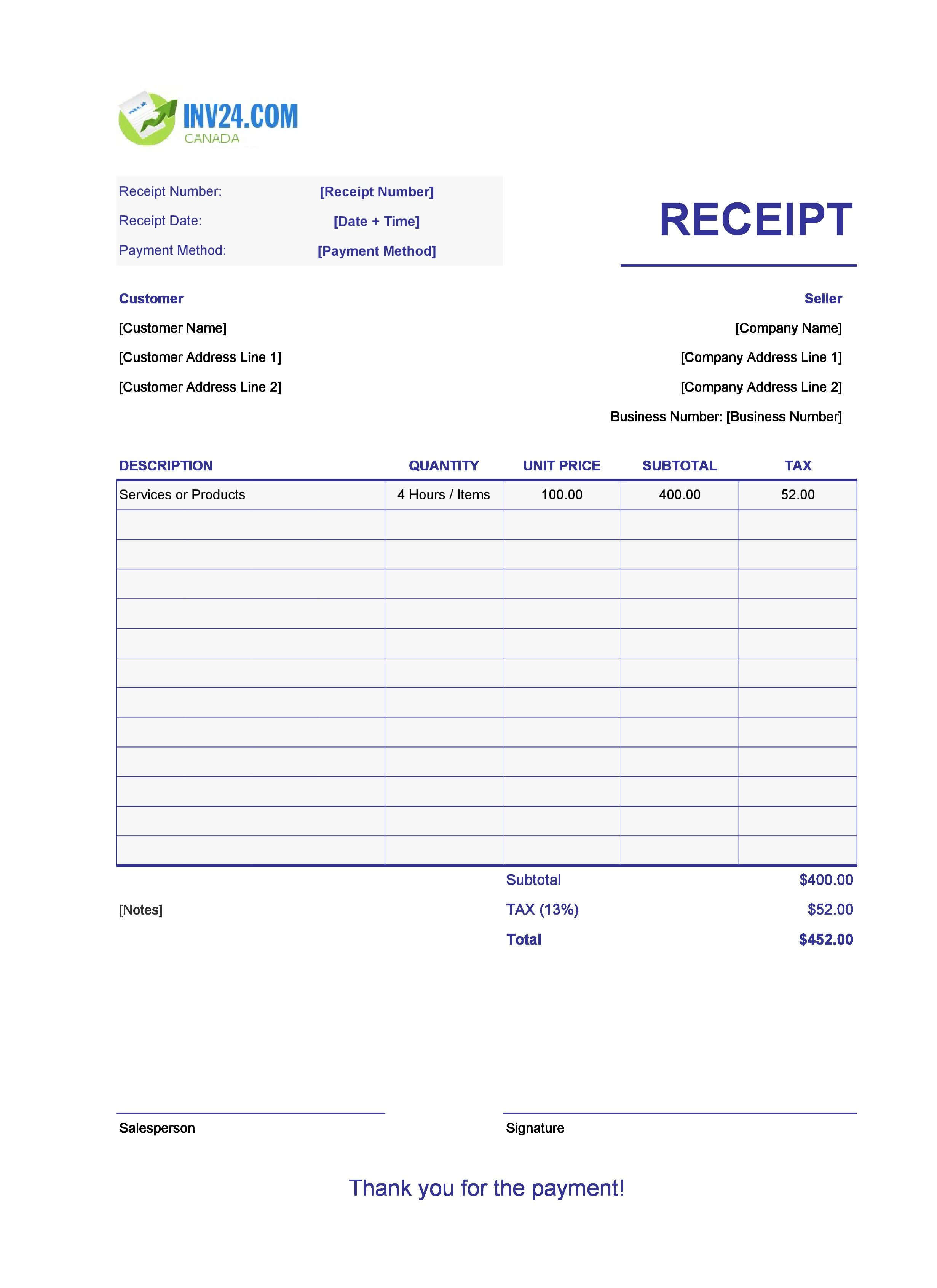 Printable Payment Receipt Template for Canada (Excel / Google Sheets)