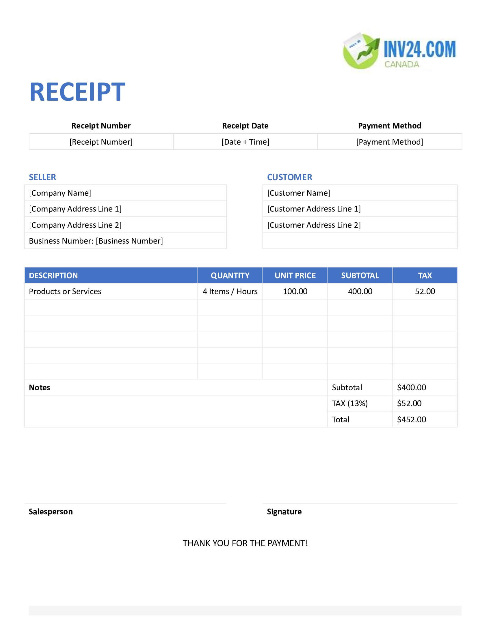 Printable Receipt Template for Canada (Word / Google Docs)