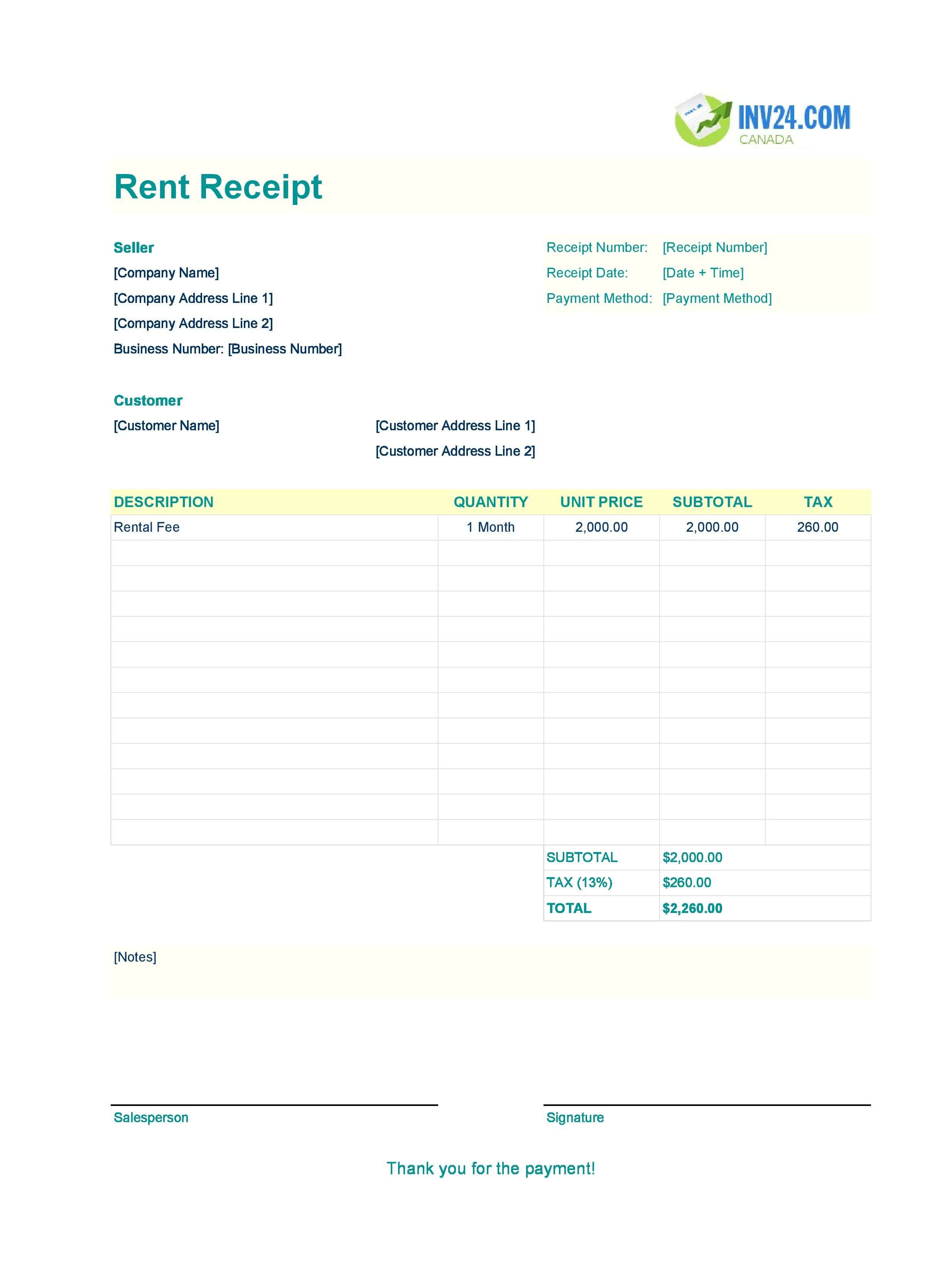 Printable Rent Receipt Template for Canada (Excel / Google Sheets)