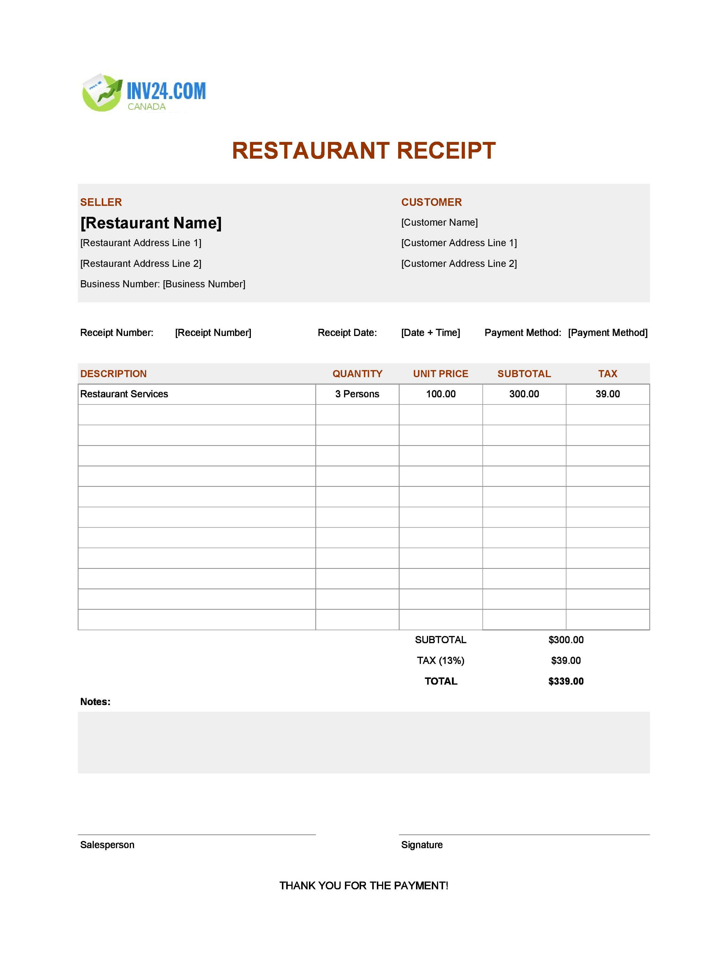 Printable Restaurant Receipt Template for Canada (Excel / Google Sheets)