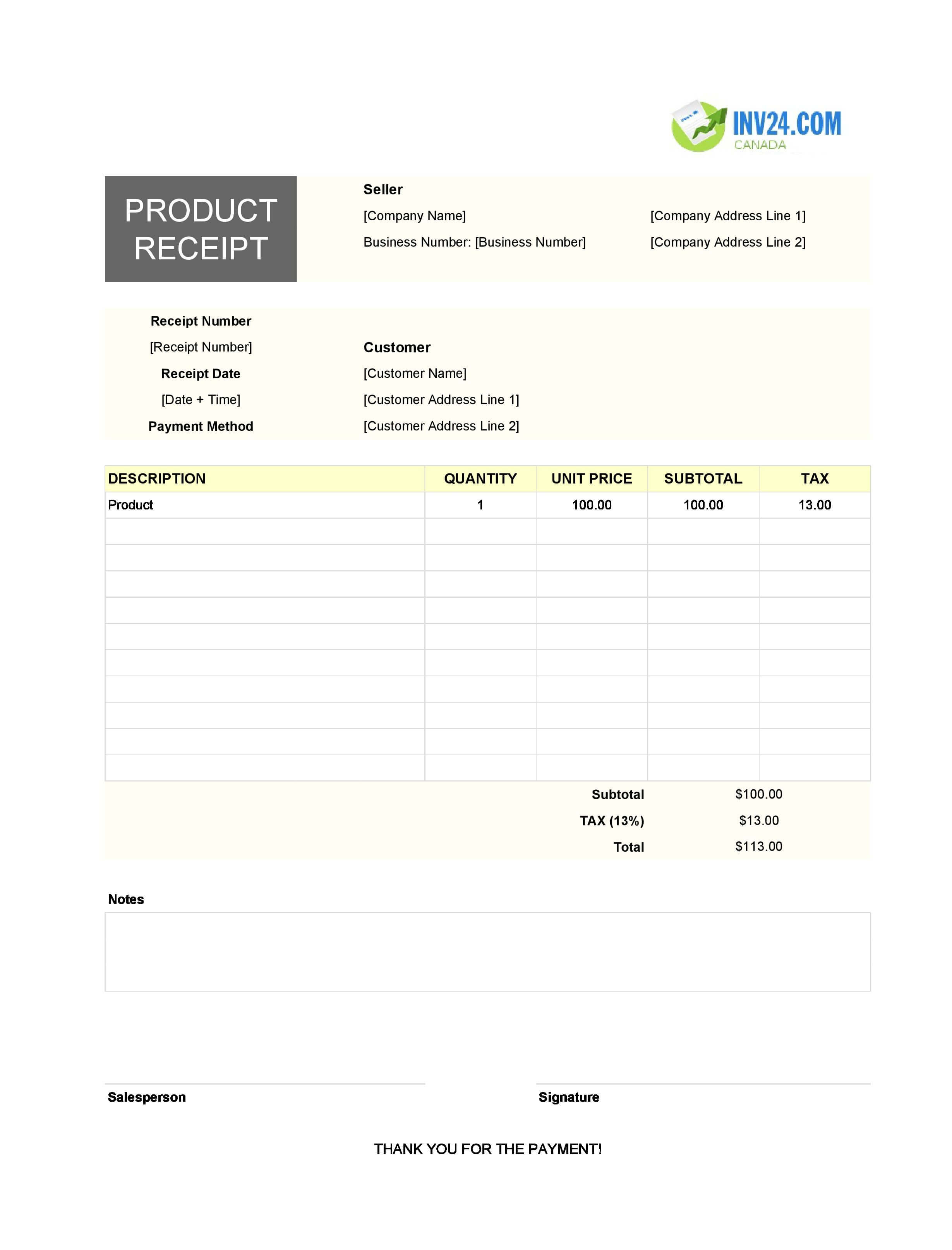 Product Receipt Template for Canada (Excel / Google Sheets)