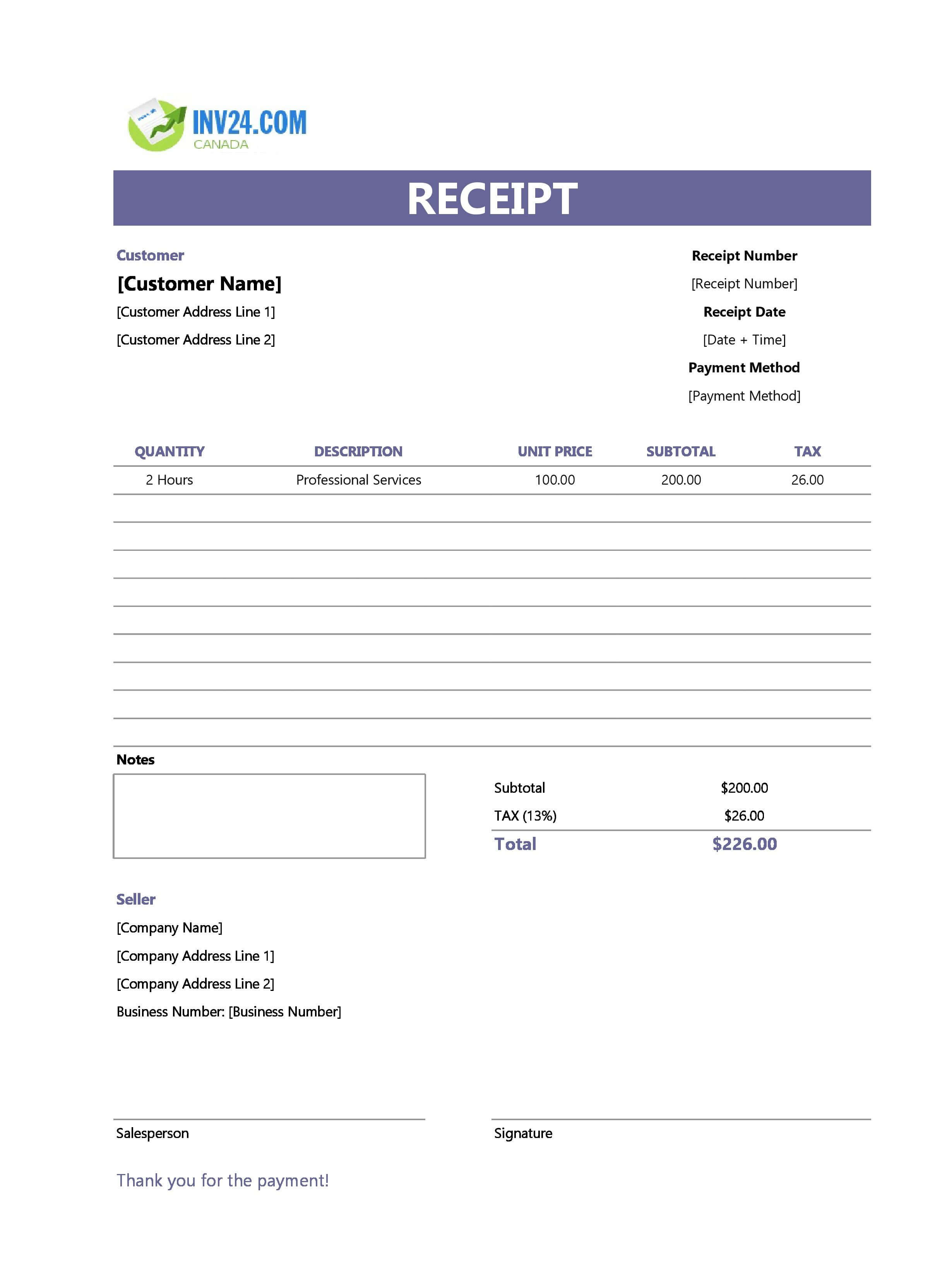 Professional Receipt Template for Canada (Excel / Google Sheets)