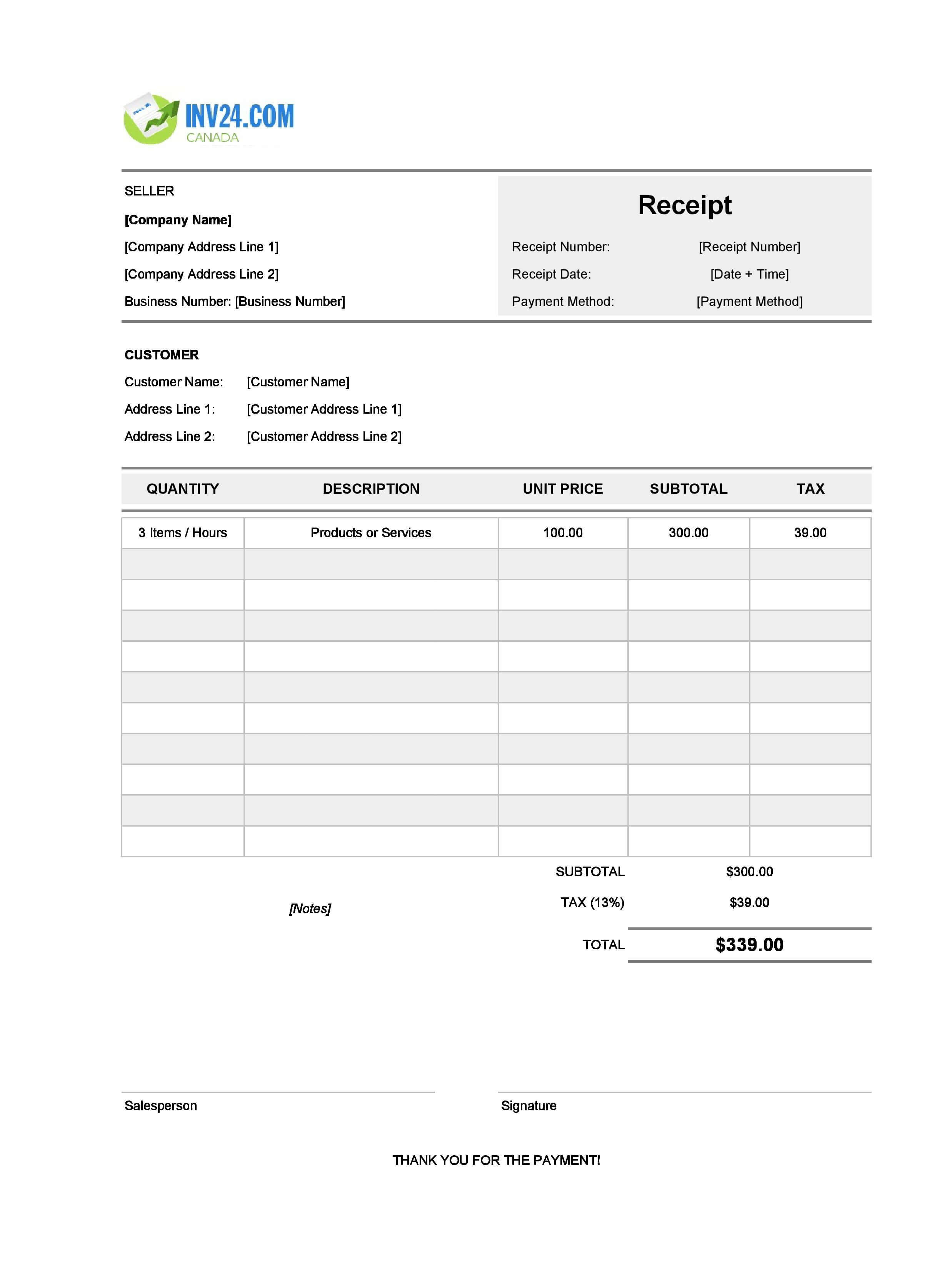 Proof of Payment Receipt Template for Canada (Excel / Google Sheets)