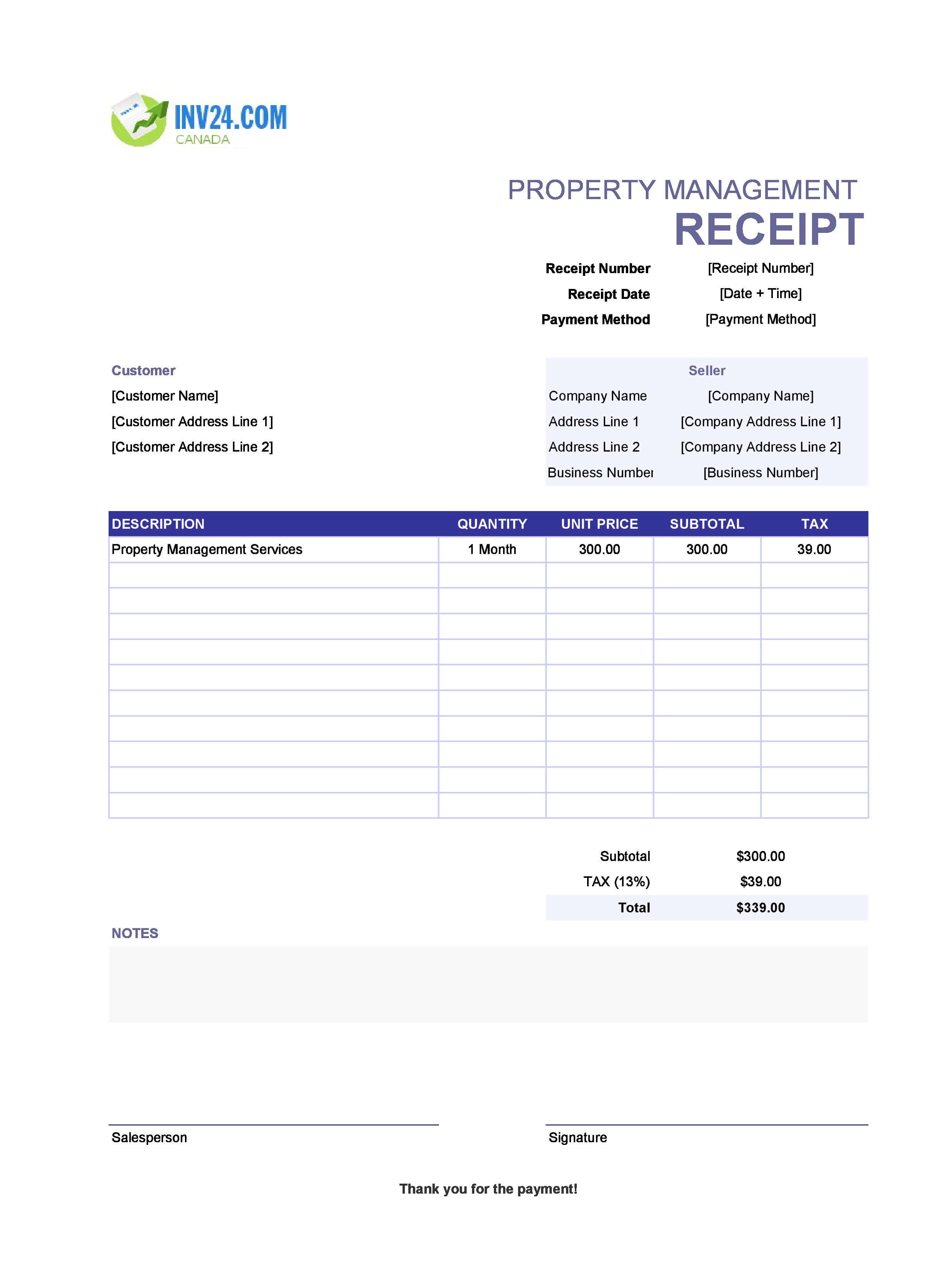 Property Management Receipt Template for Canada (Excel / Google Sheets)