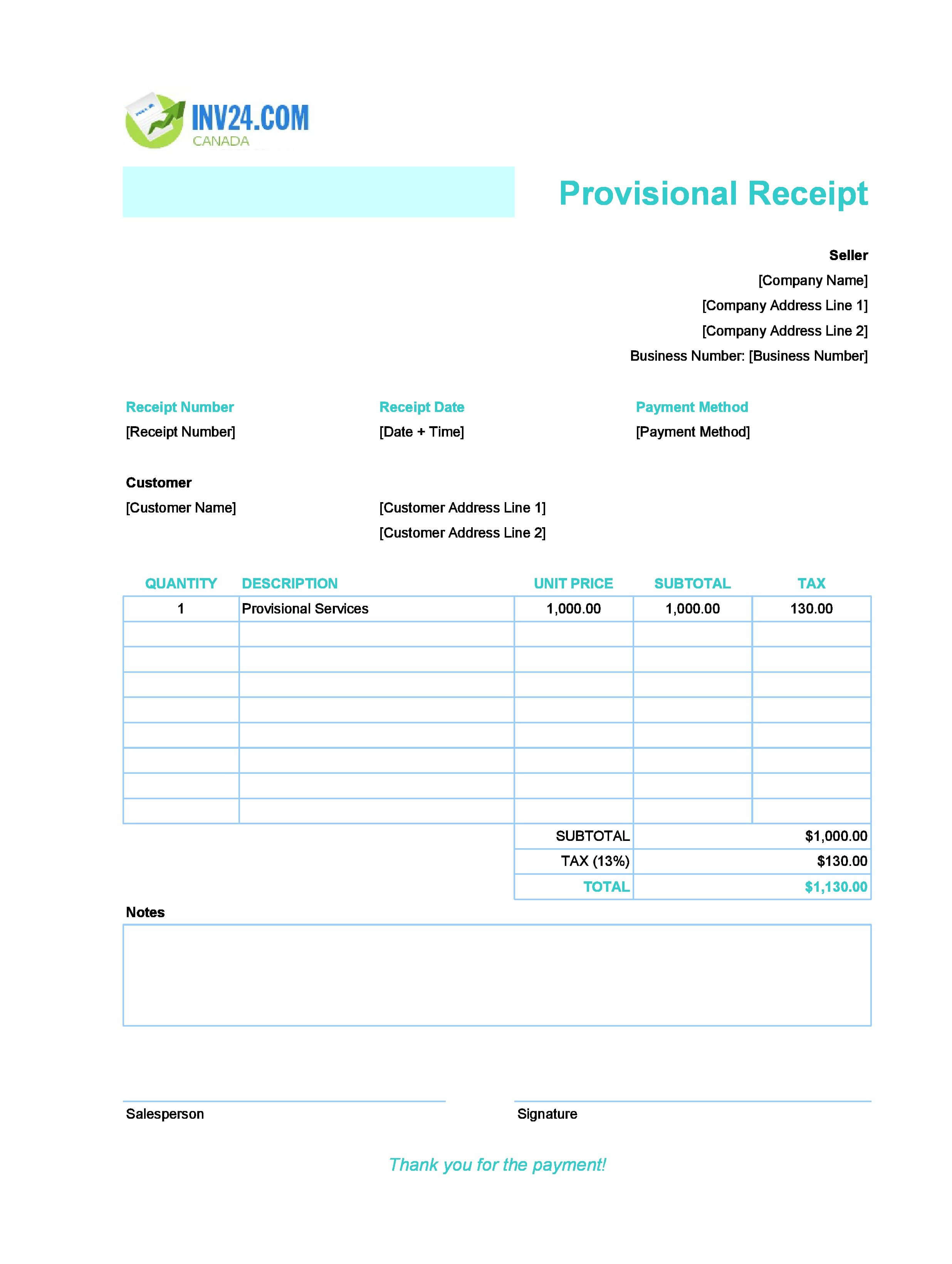 Provisional Receipt Template for Canada (Excel / Google Sheets)
