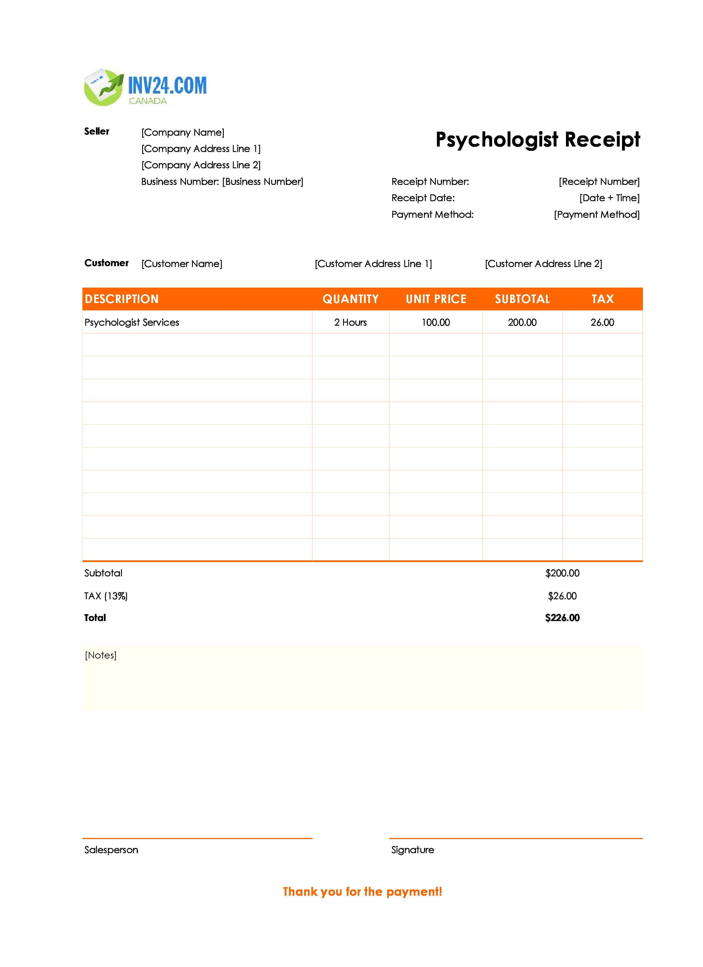 Psychologist Receipt Template for Canada (Excel / Google Sheets)