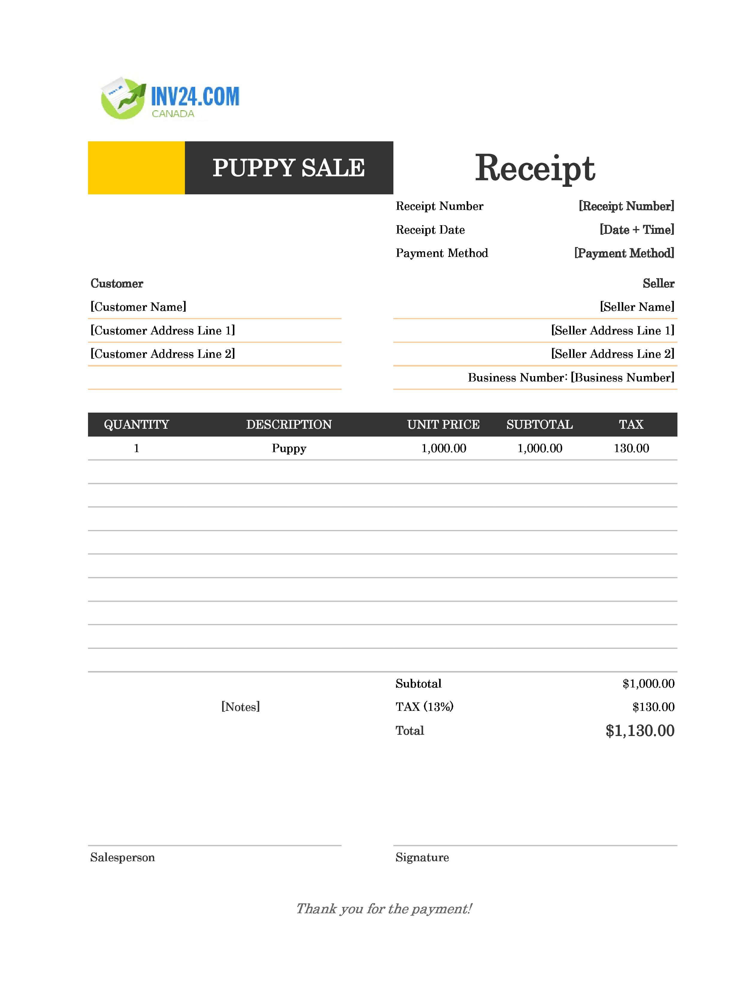 Puppy Sale Receipt Template for Canada (Excel / Google Sheets)