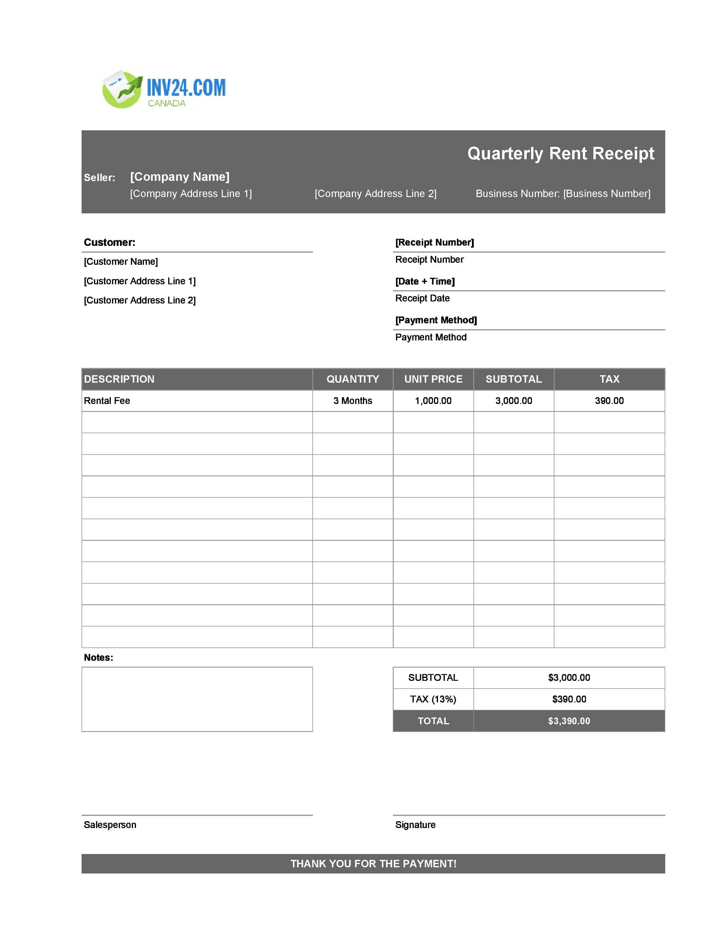 Quarterly Rent Receipt Template for Canada (Excel / Google Sheets)