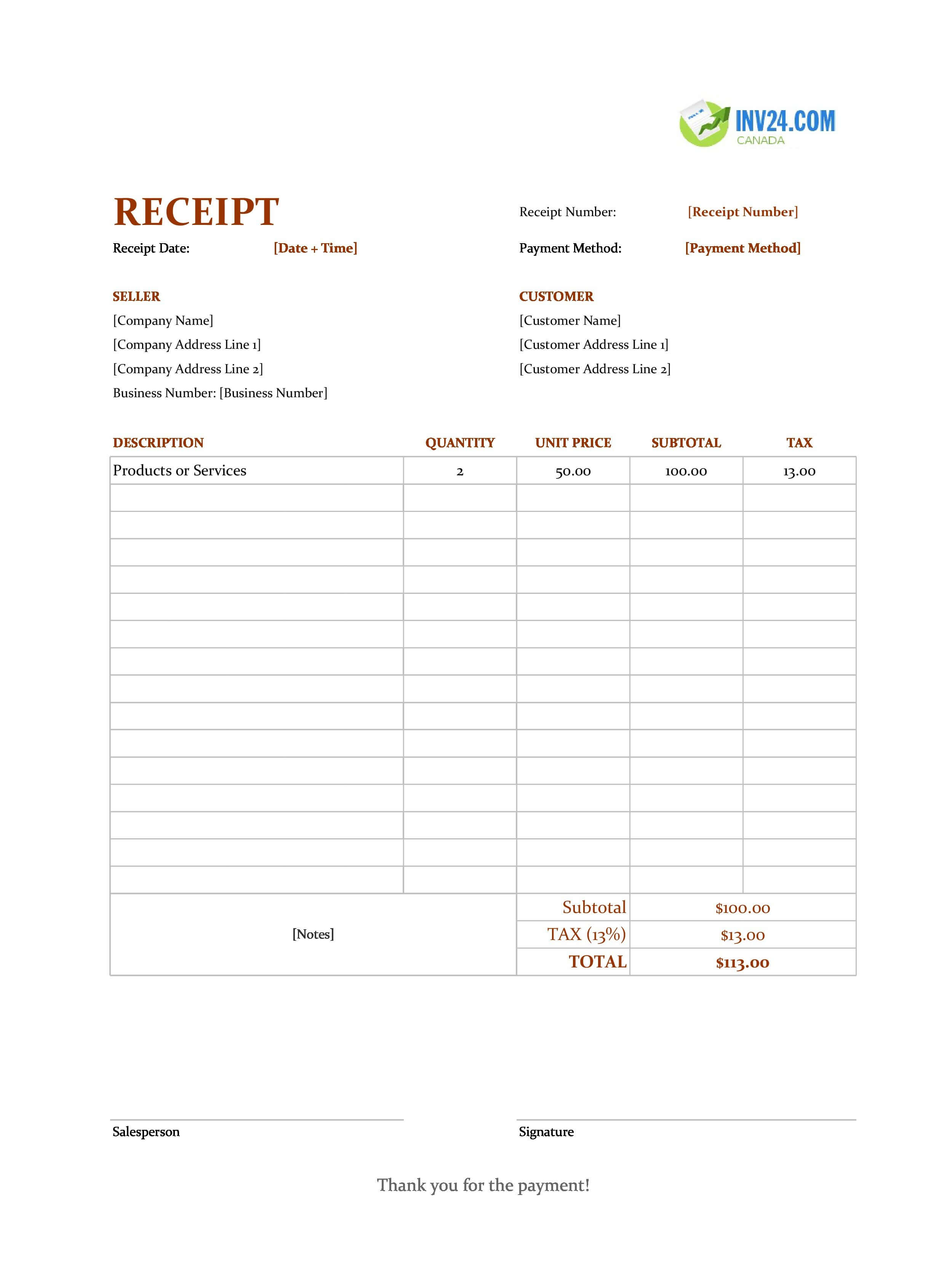 Receipt Example Template for Canada (Excel / Google Sheets)
