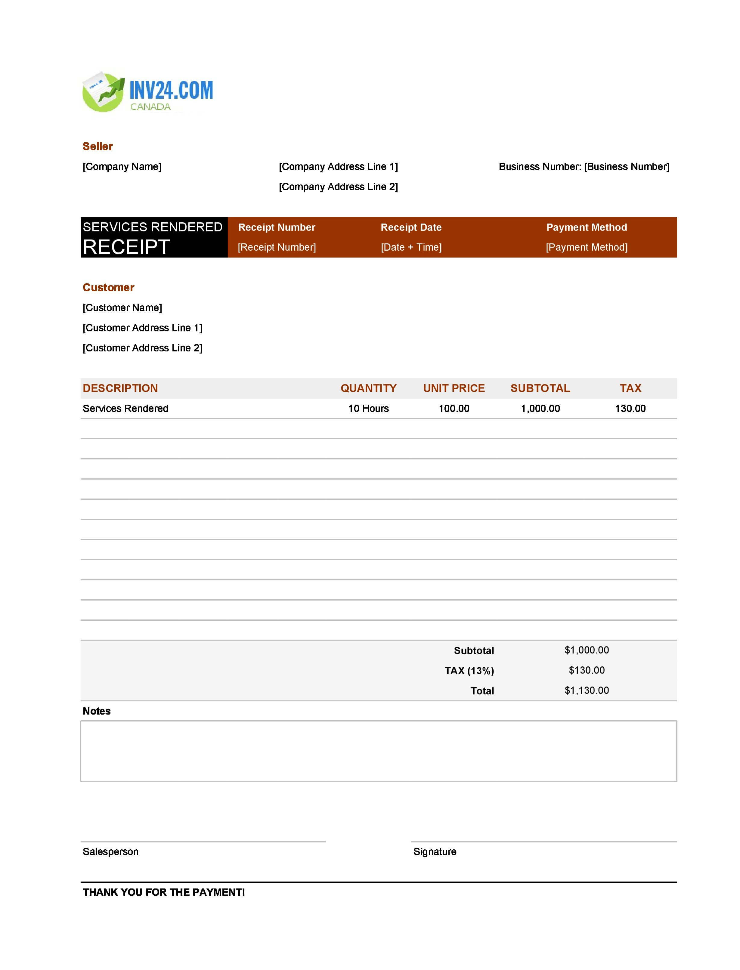 Receipt for Services Rendered Template for Canada (Excel / Google Sheets)