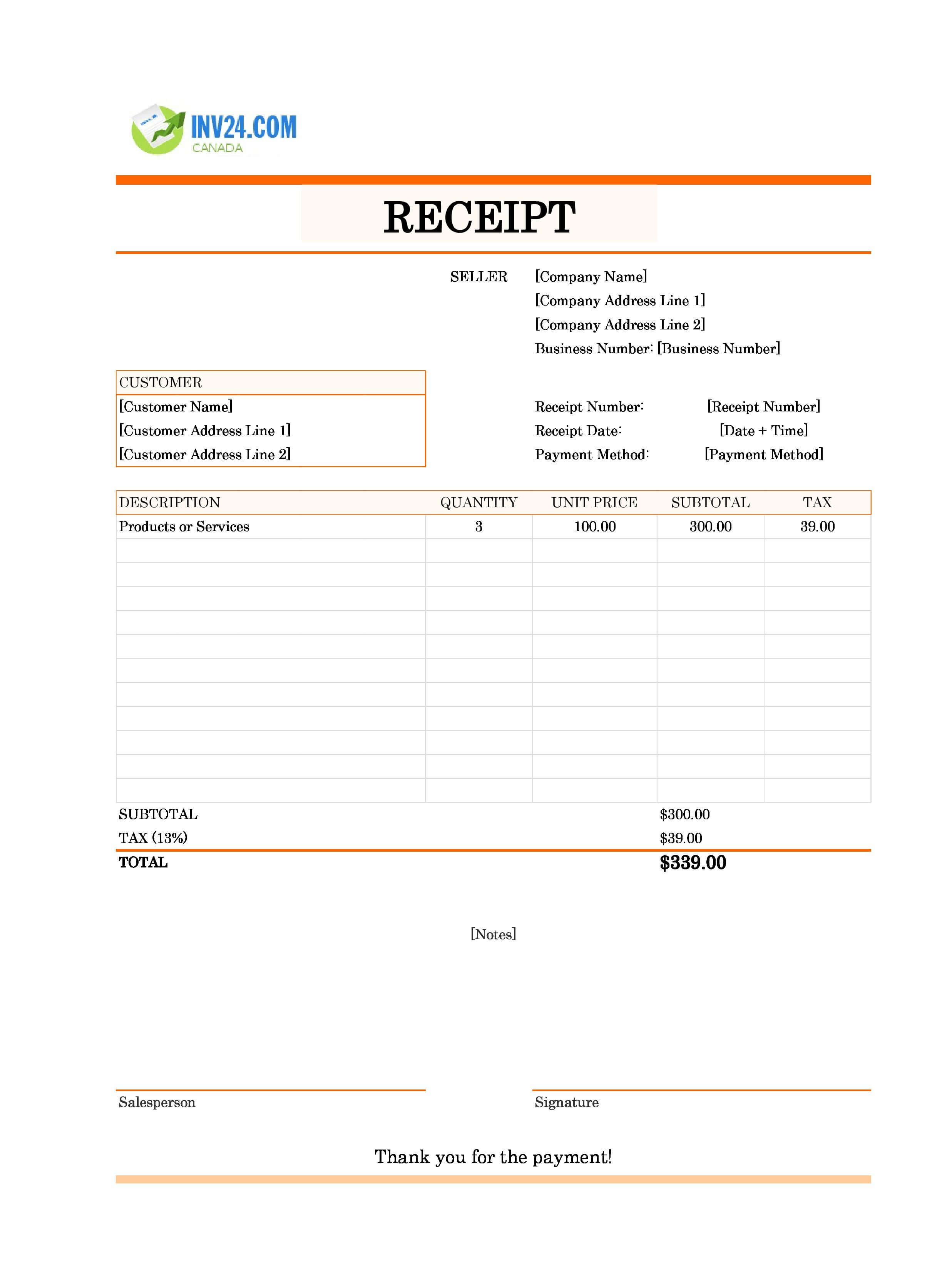 Receipt Format Template for Canada (Excel / Google Sheets)