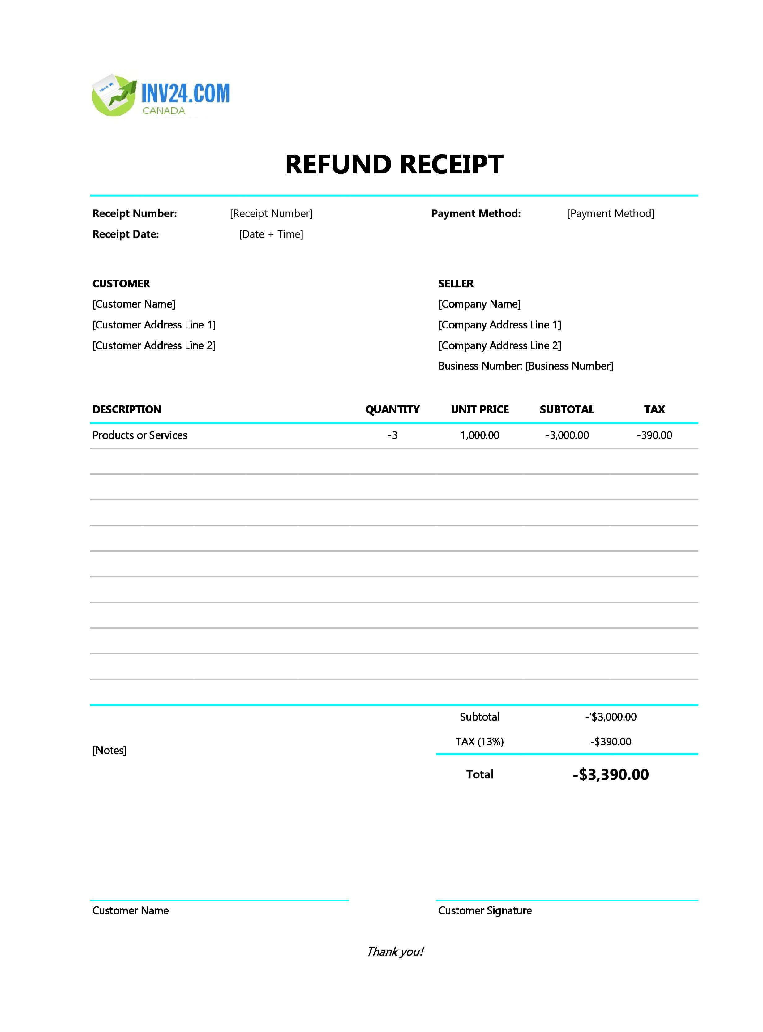 Refund Receipt Template for Canada (Excel / Google Sheets)