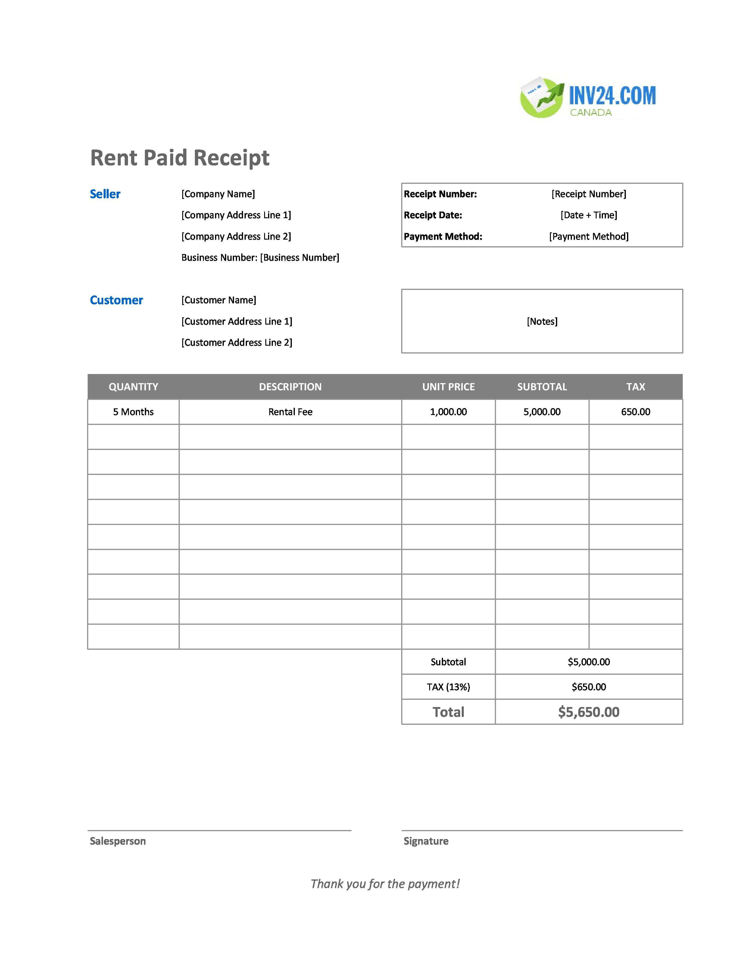 Rent Paid Receipt Template for Canada (Excel / Google Sheets)