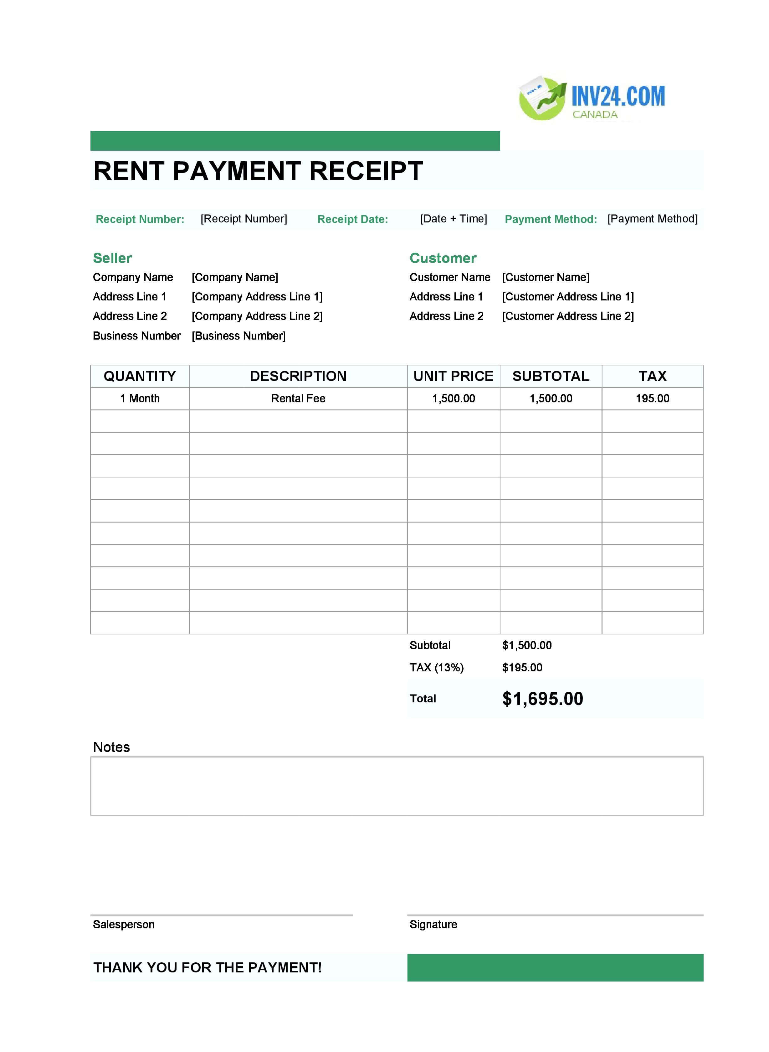 Rent Payment Receipt Template for Canada (Excel / Google Sheets)