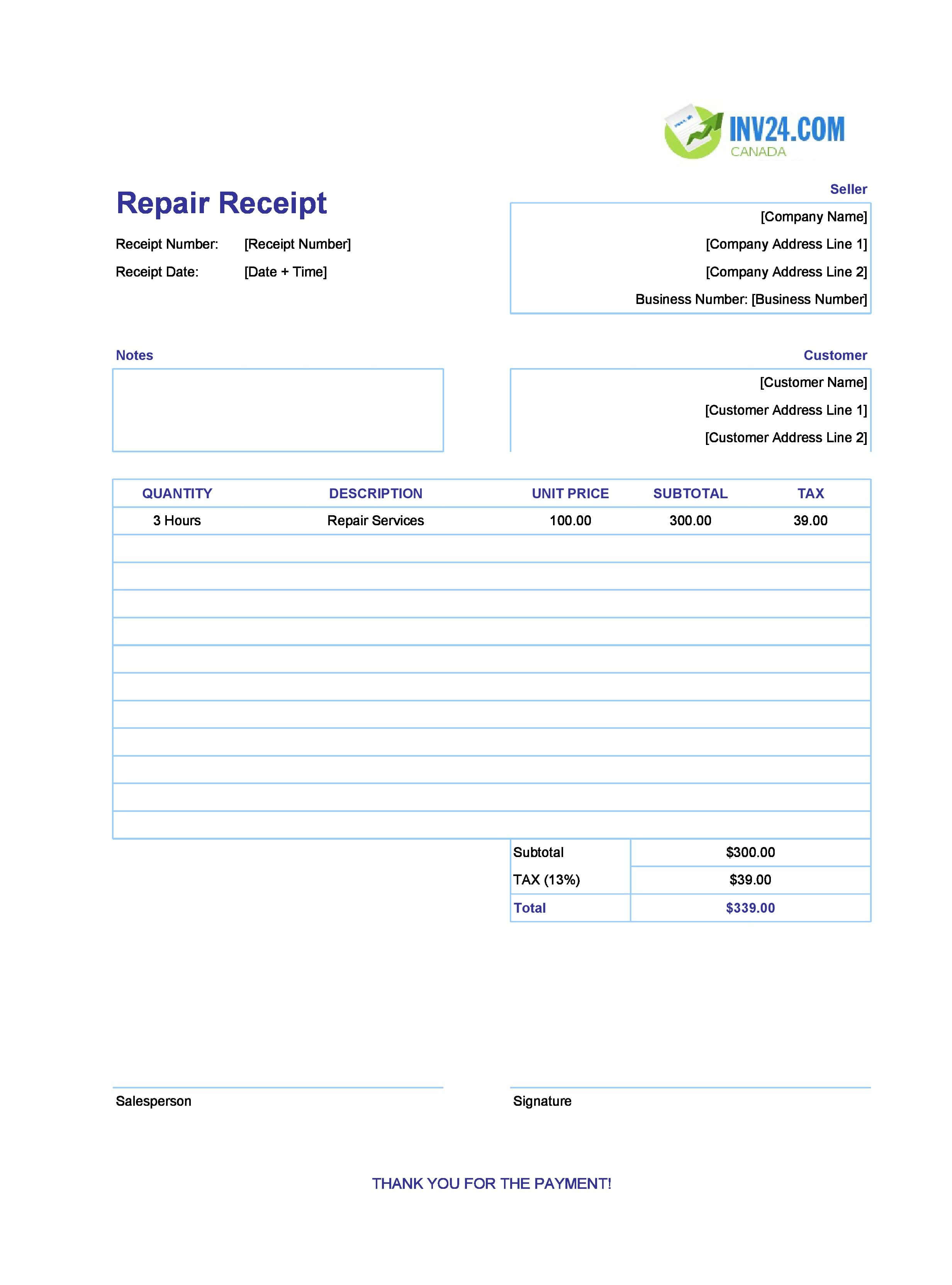 Repair Receipt Template for Canada (Excel / Google Sheets)