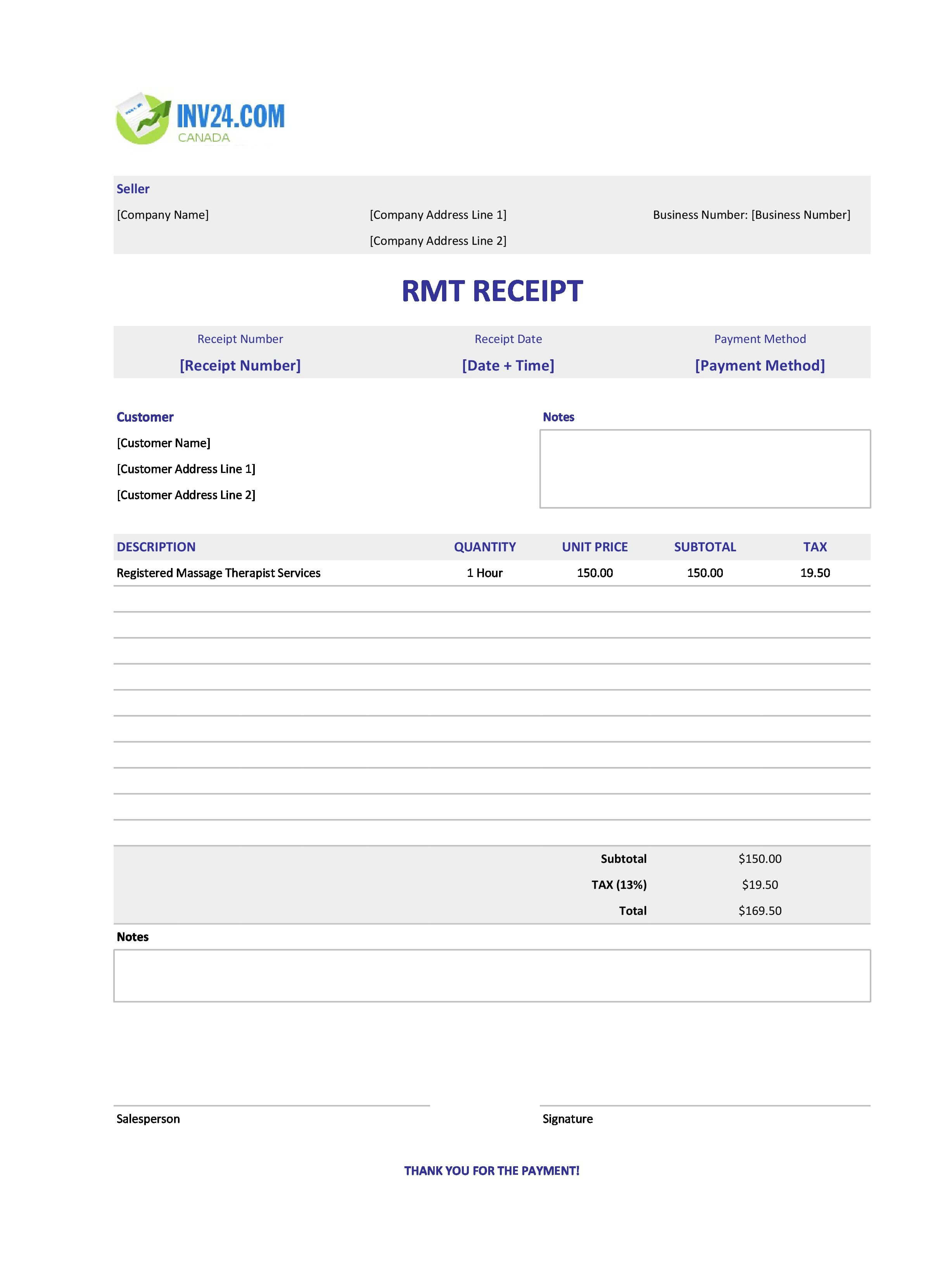 RMT Receipt Template for Canada (Excel / Google Sheets)
