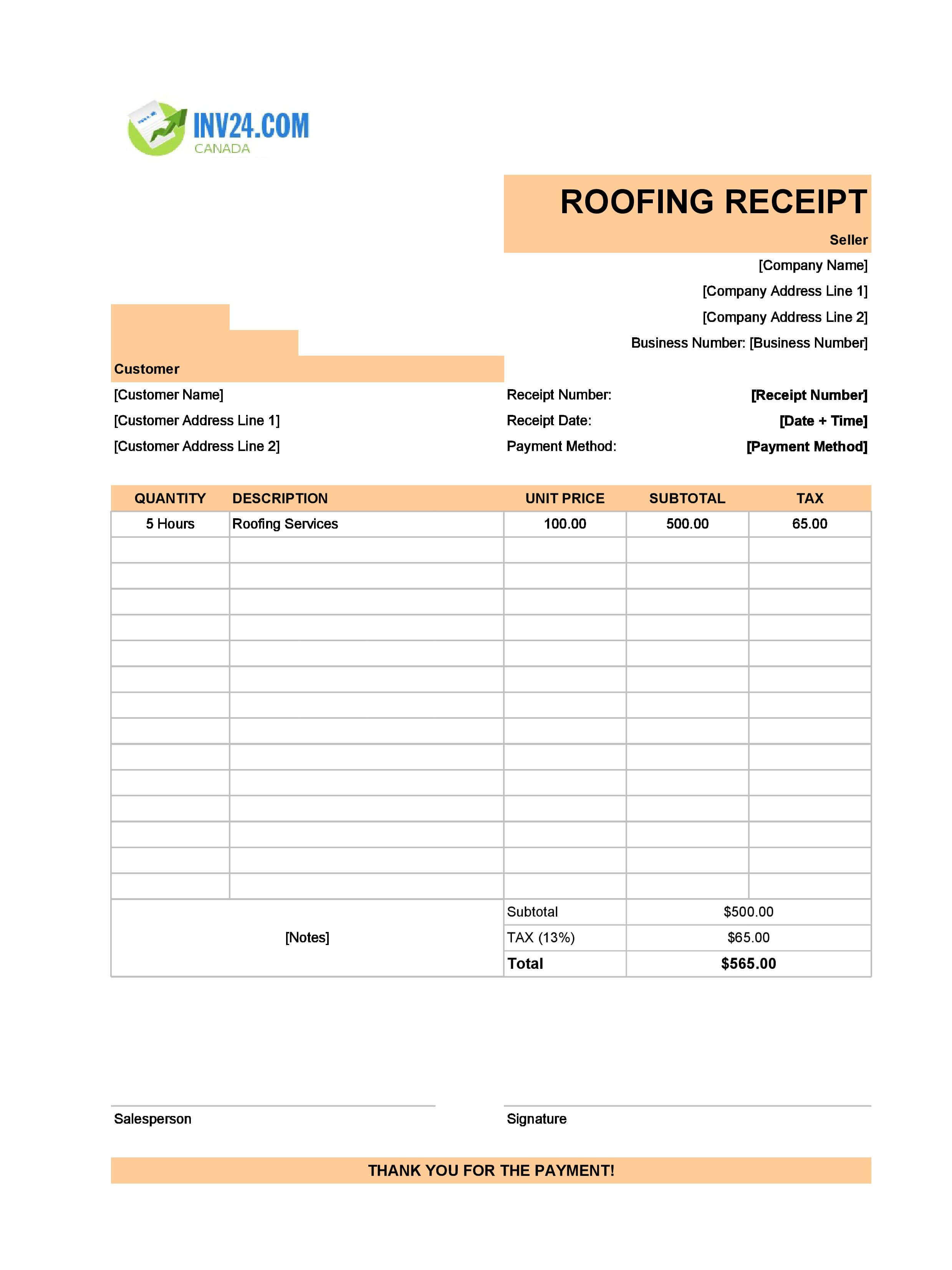 Roofing Receipt Template for Canada (Excel / Google Sheets)