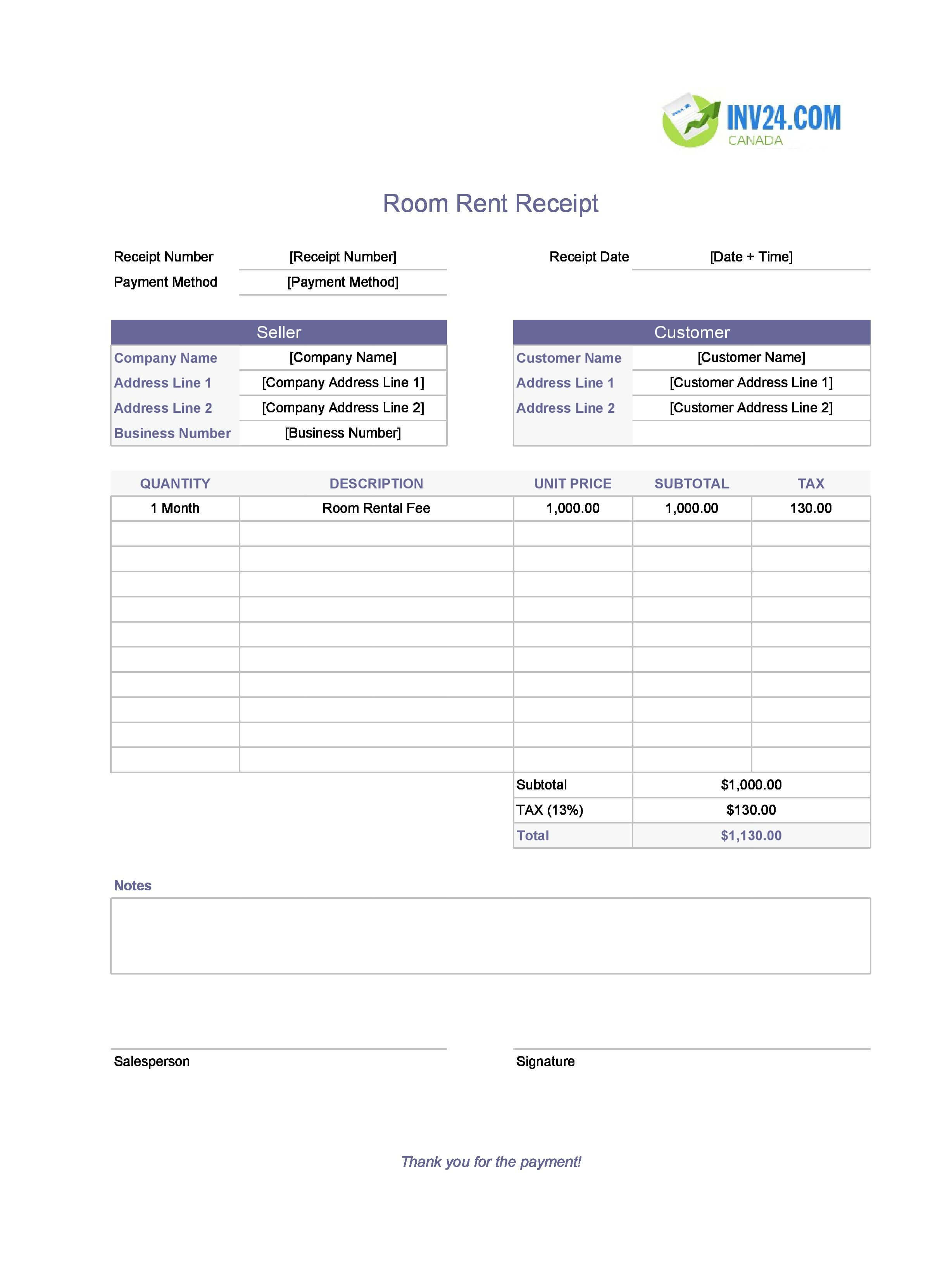 Room Rent Receipt Template for Canada (Excel / Google Sheets)
