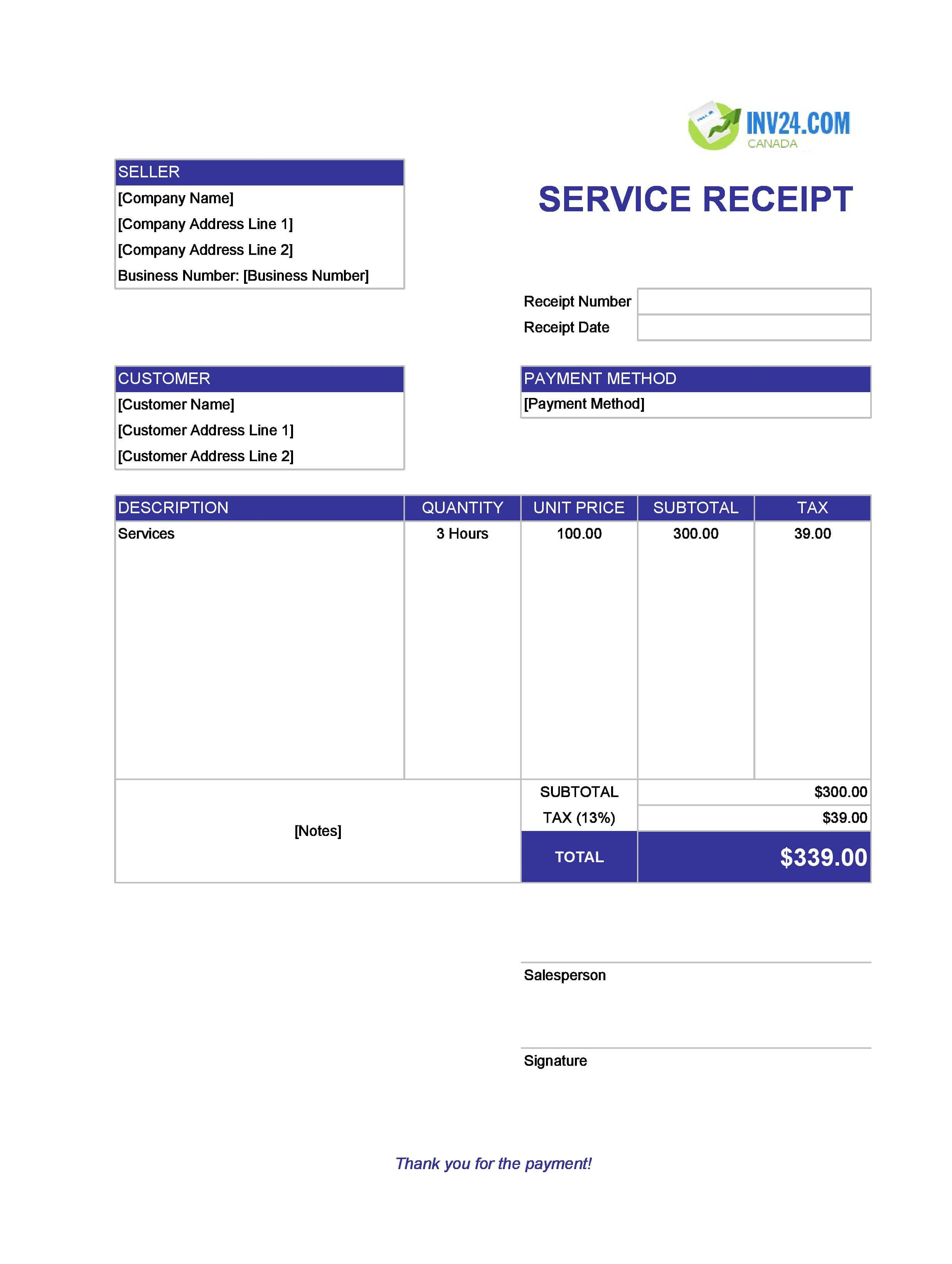 Service Receipt Template for Canada (Excel / Google Sheets)